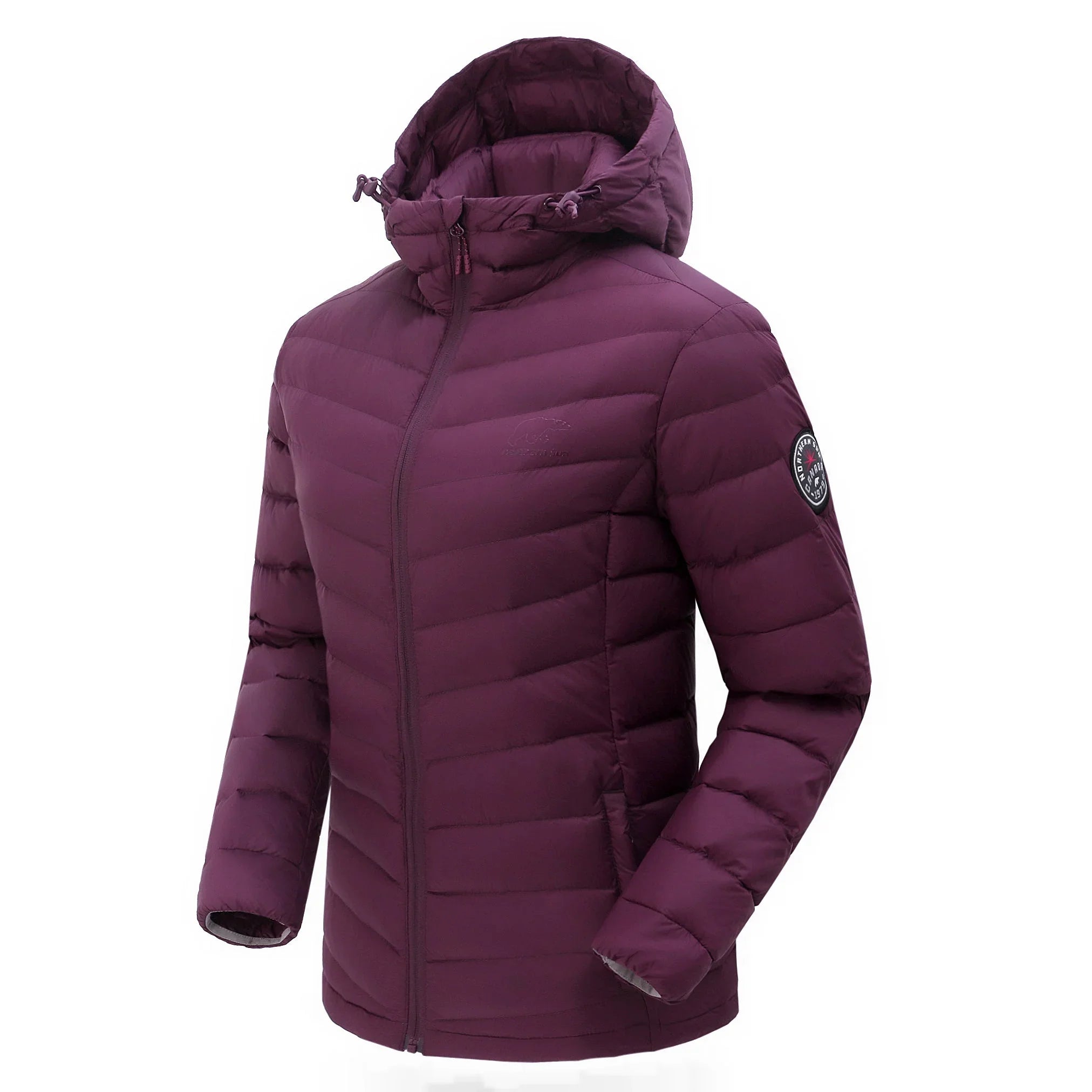 Women's packable lightweight down jacket in purple with hood and side logo patch