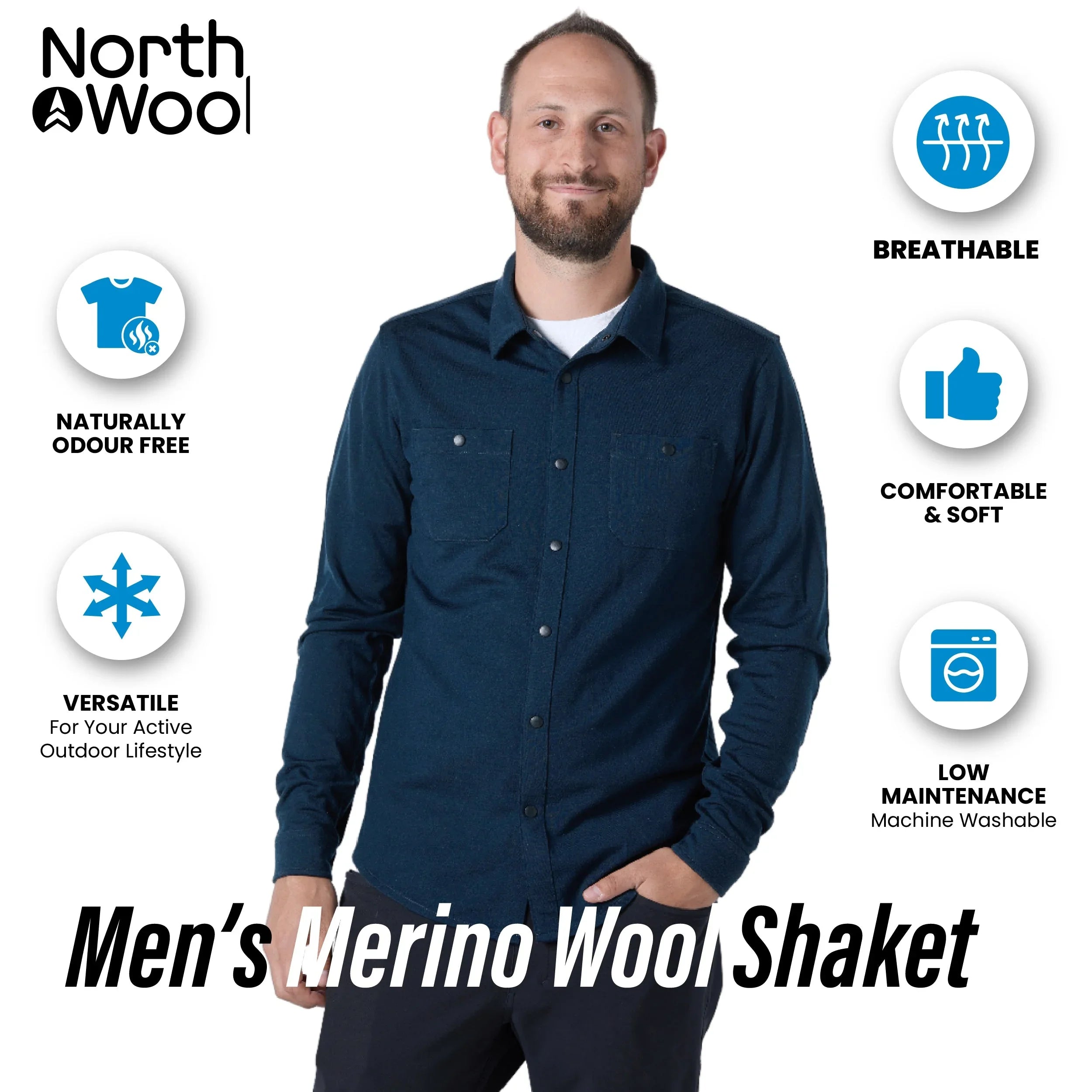 Man wearing North Wool men's merino wool shaket with features: breathable, odor free, versatile.