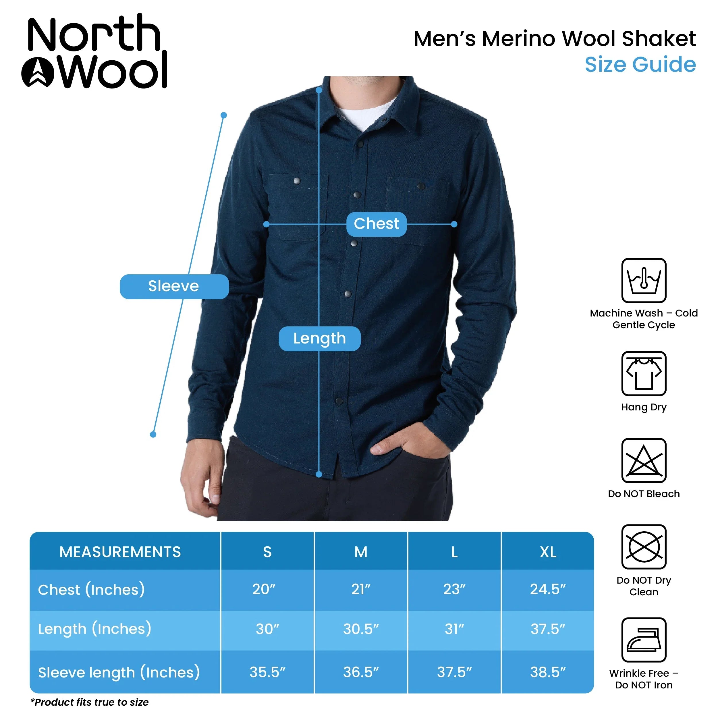 Men's Merino wool shaket size guide chart with chest, length, sleeve measurements and care icons
