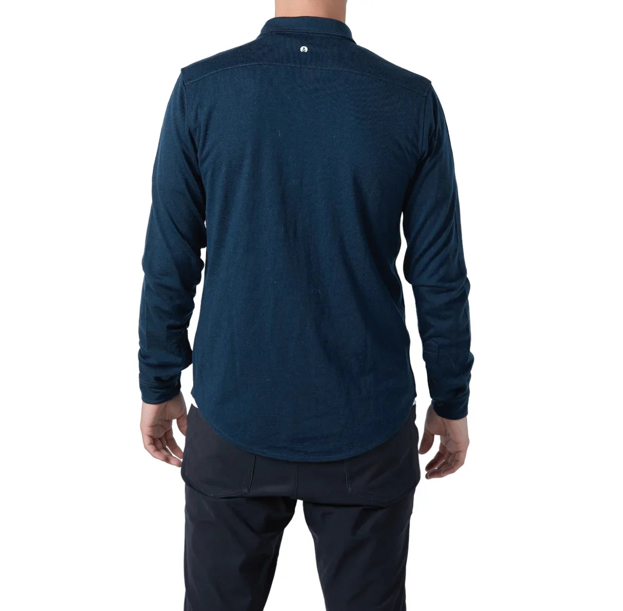 Back view of man wearing navy NorthWool Merino wool shaket with long sleeves