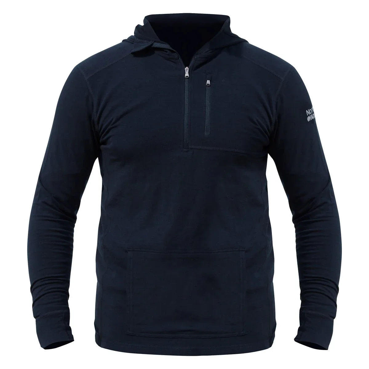 Men's navy merino wool 1/4 zip midlayer hoodie with pouch pocket and long sleeves