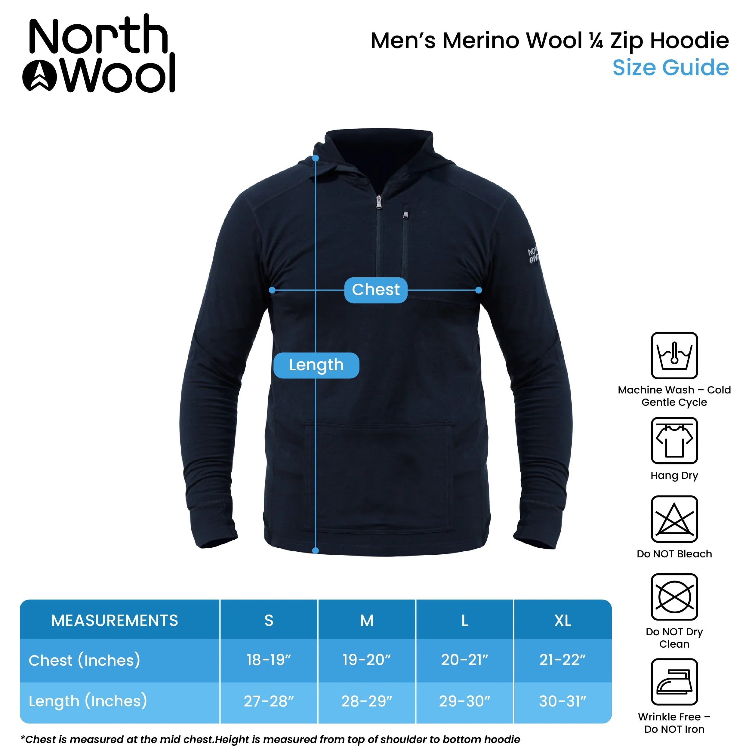 NorthWool men's merino wool zip hoodie size guide with chest and length measurements chart.