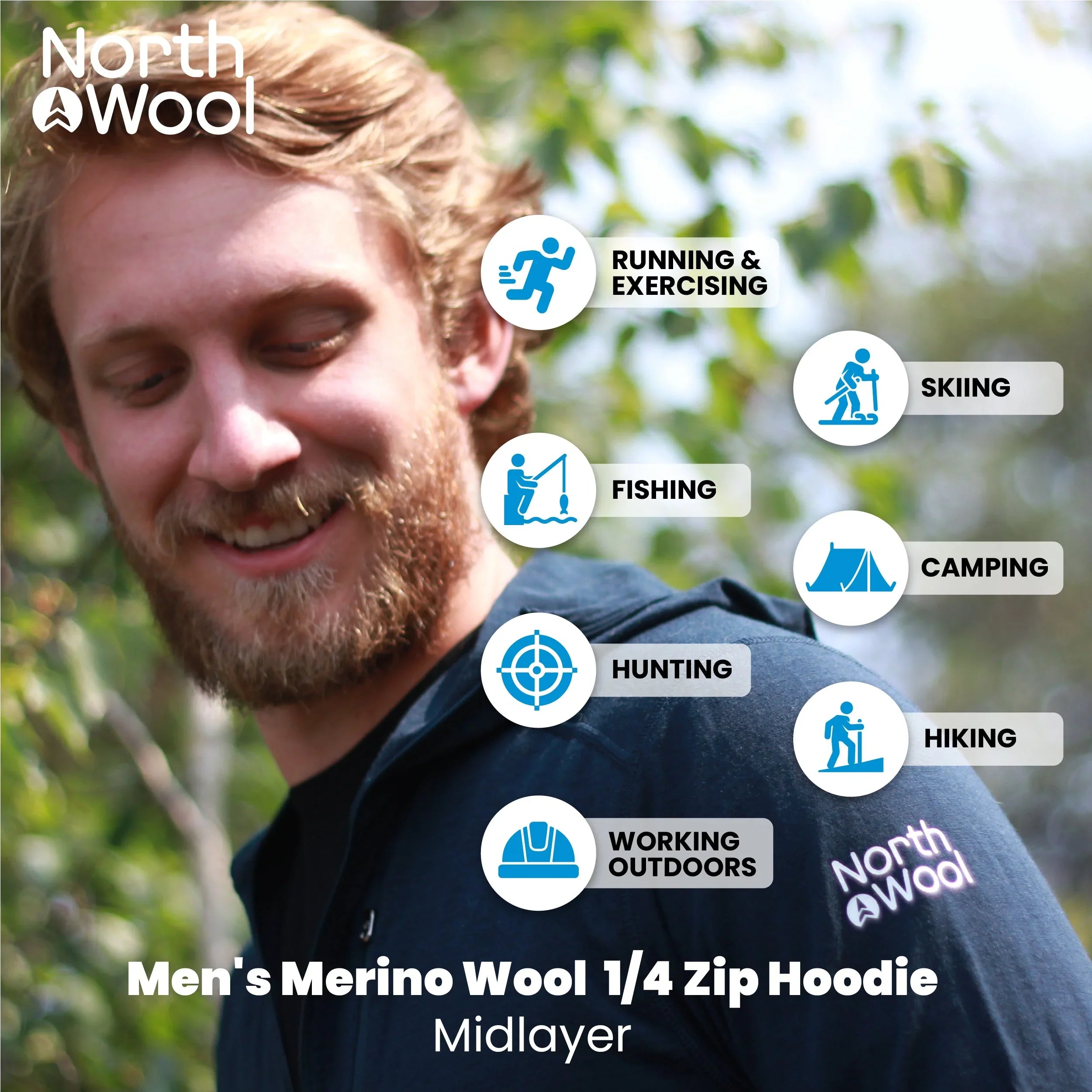 Man outdoors in North Wool men's merino wool 1/4 zip hoodie, activity icons for running, fishing, hunting, hiking, camping, skiing, working outdoors.