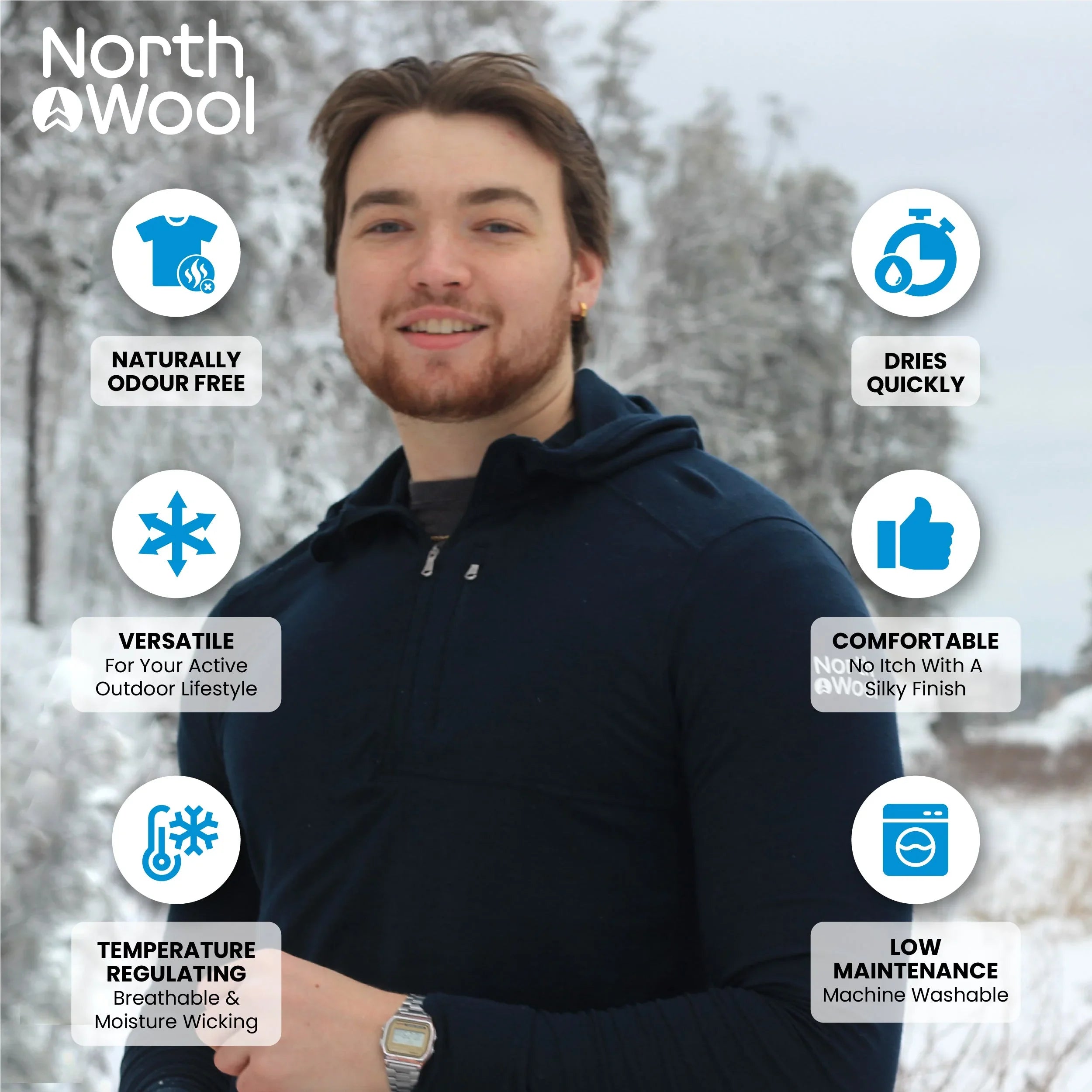 Man outdoors in winter wearing North Wool men's top, highlighting benefits like odor-free, quick-drying, versatile, temperature regulating, comfortable, and low maintenance.