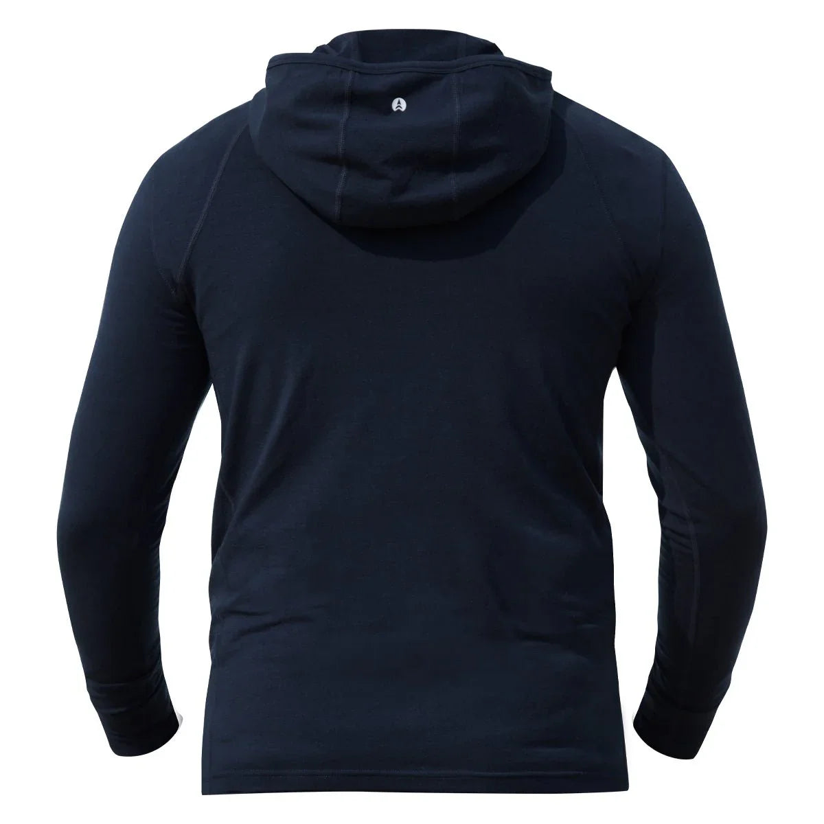 Back view of Northwool men's merino wool navy hoodie with hood, long sleeves, no visible pockets