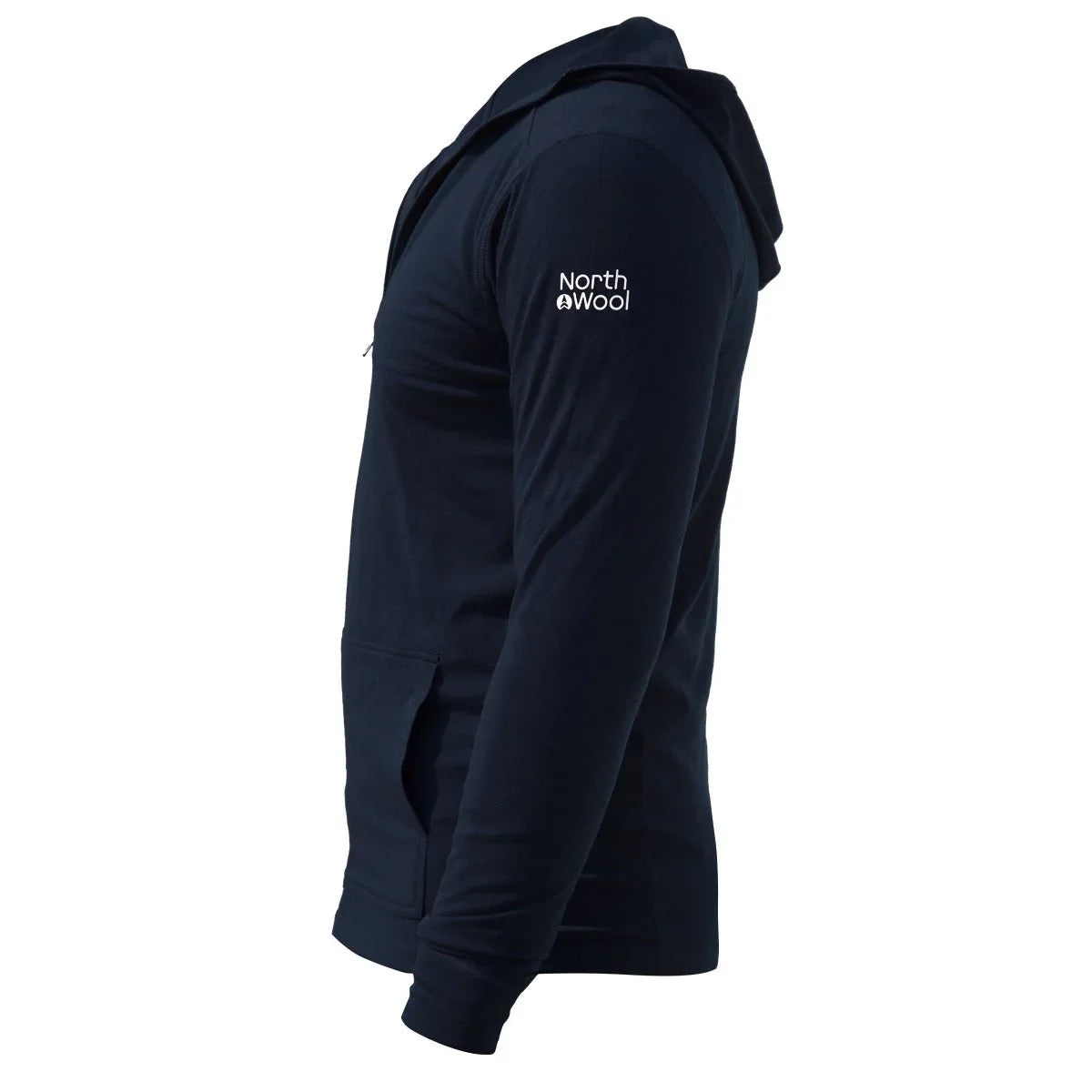 Men's navy merino wool 1/4 zip midlayer hoodie with pouch pocket, North Wool logo on sleeve