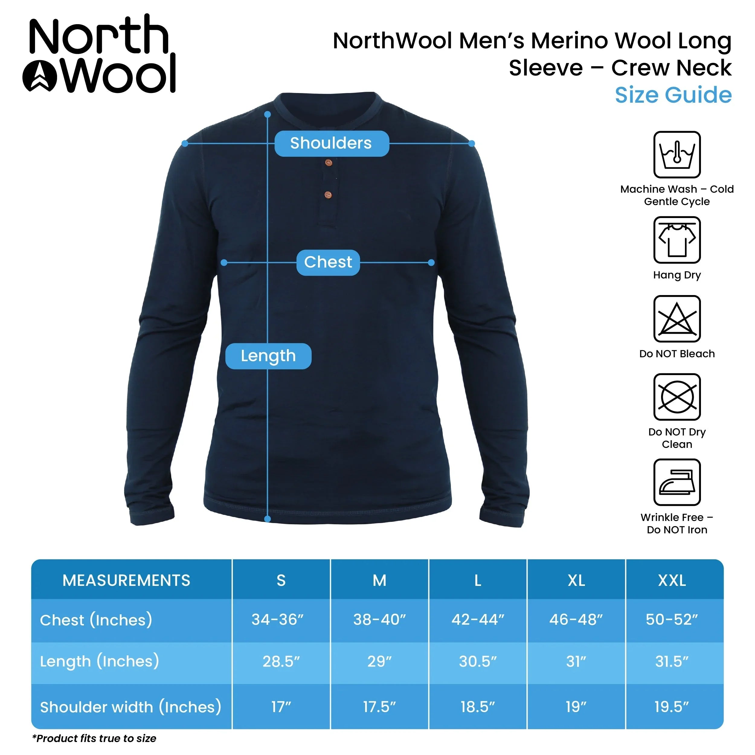 NorthWool men's navy merino wool long sleeve Henley shirt size guide with care icons