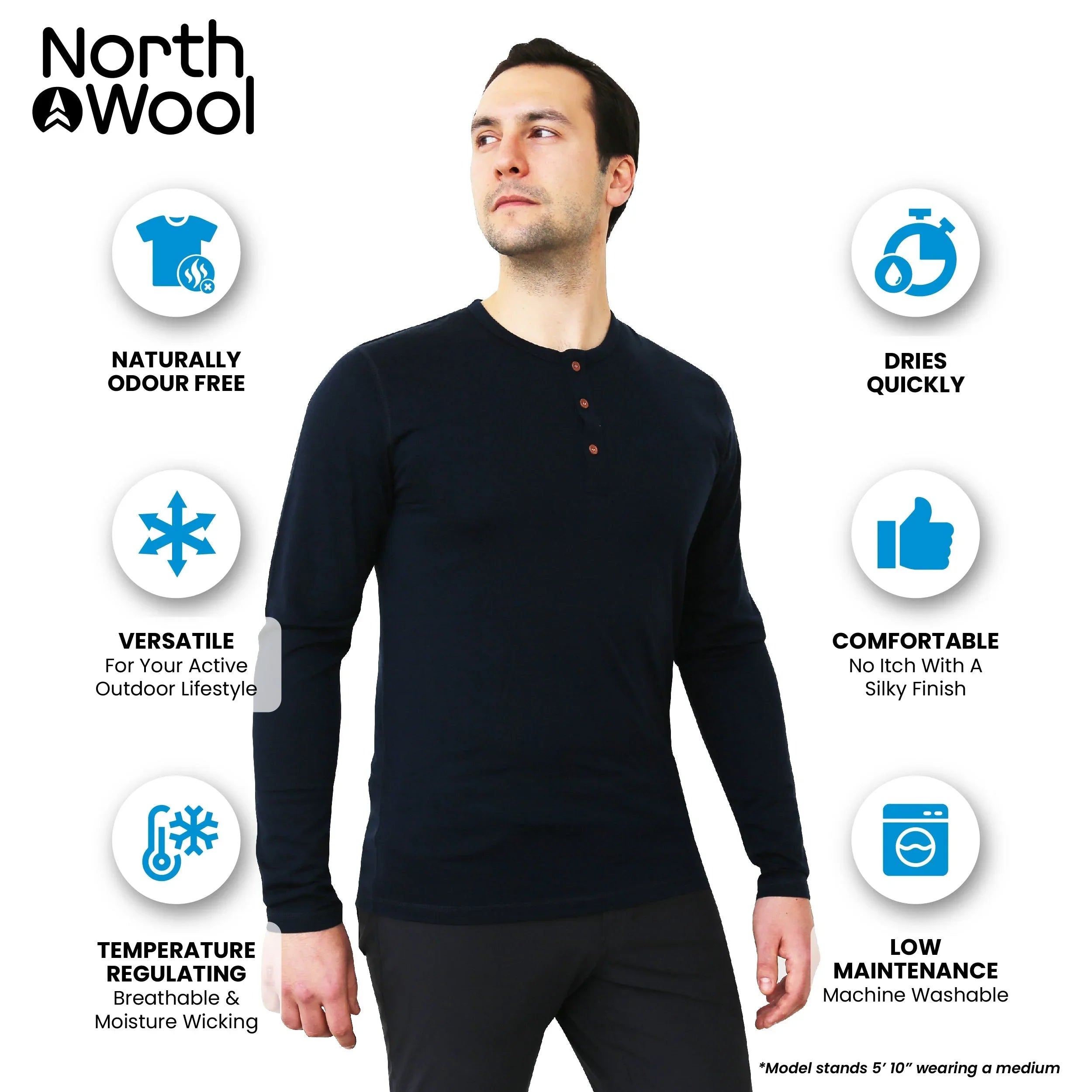 Man wearing North Wool men's black merino wool long sleeve Henley base layer shirt