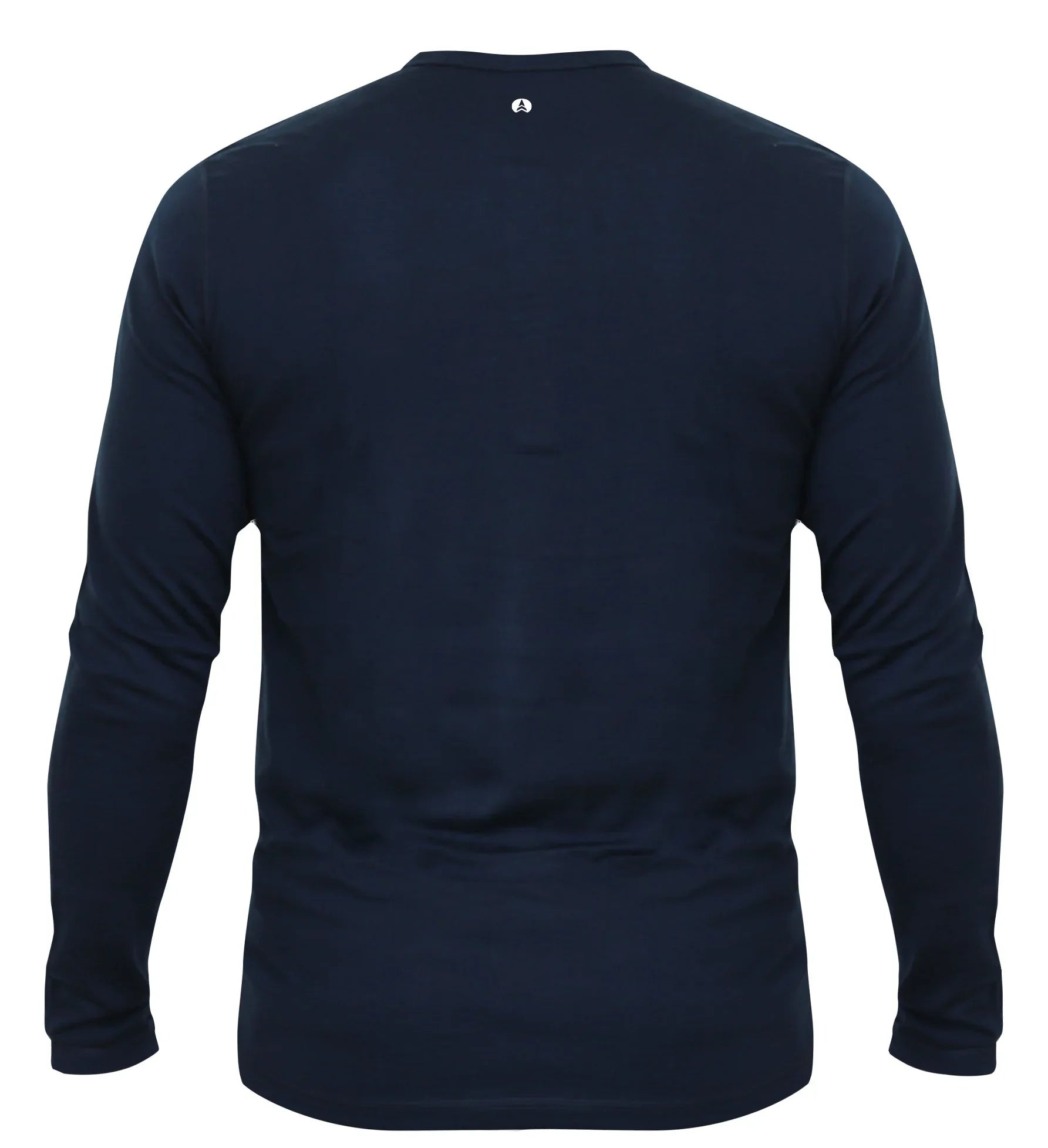 Back view of navy blue men's merino wool long sleeve Henley shirt