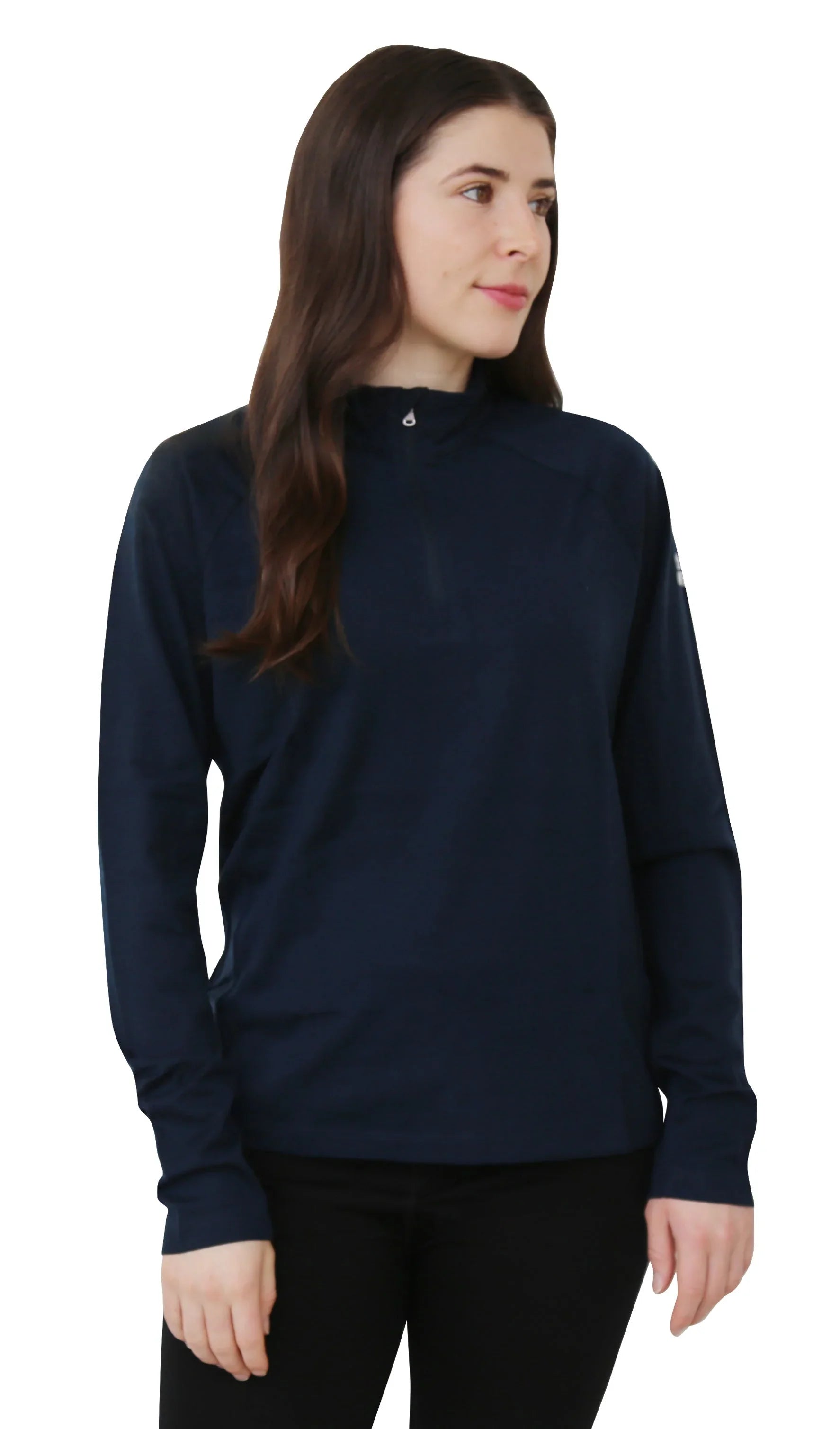 Woman wearing navy blue merino wool 1/4 zip baselayer pullover sweater