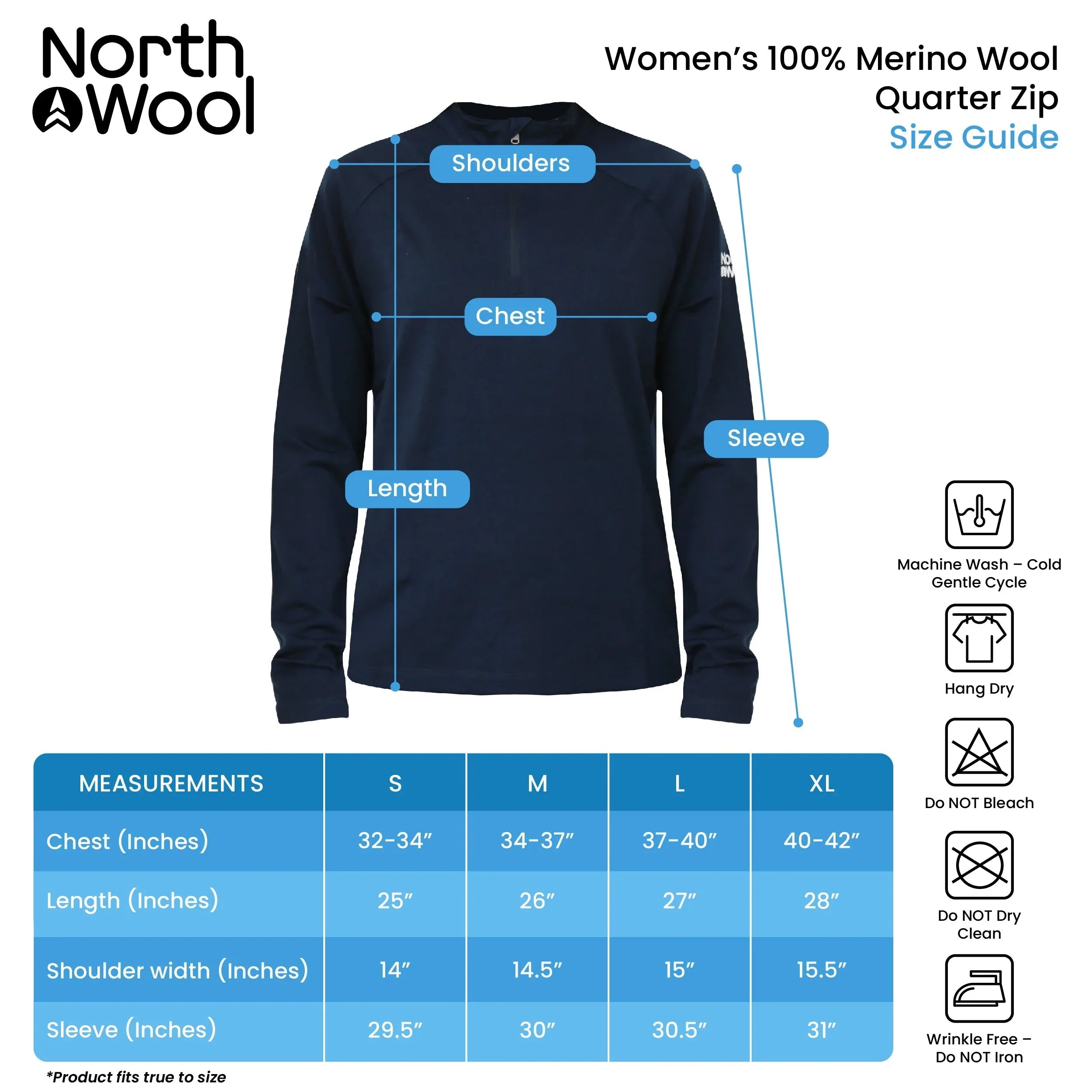 North Wool women’s 100% merino wool quarter zip baselayer size guide with measurements chart.