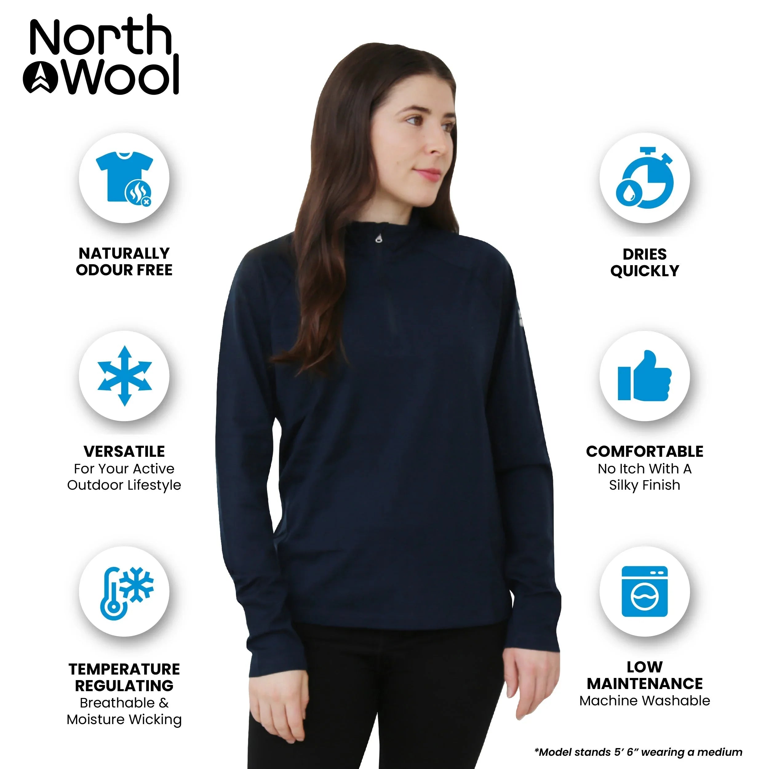 Woman wearing NorthWool women's 100% merino wool 1/4 zip baselayer pullover sweater, navy, with icons for odor free, quick-drying, comfort, versatility, temperature regulation, and low maintenance features.