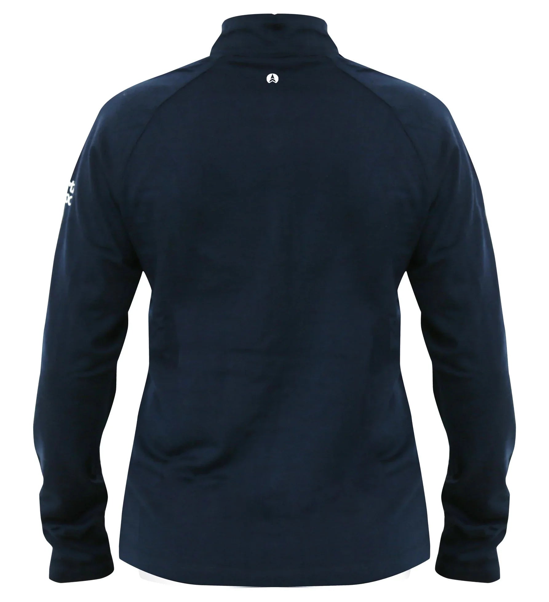 Back view of women's navy merino wool baselayer pullover sweater with long sleeves