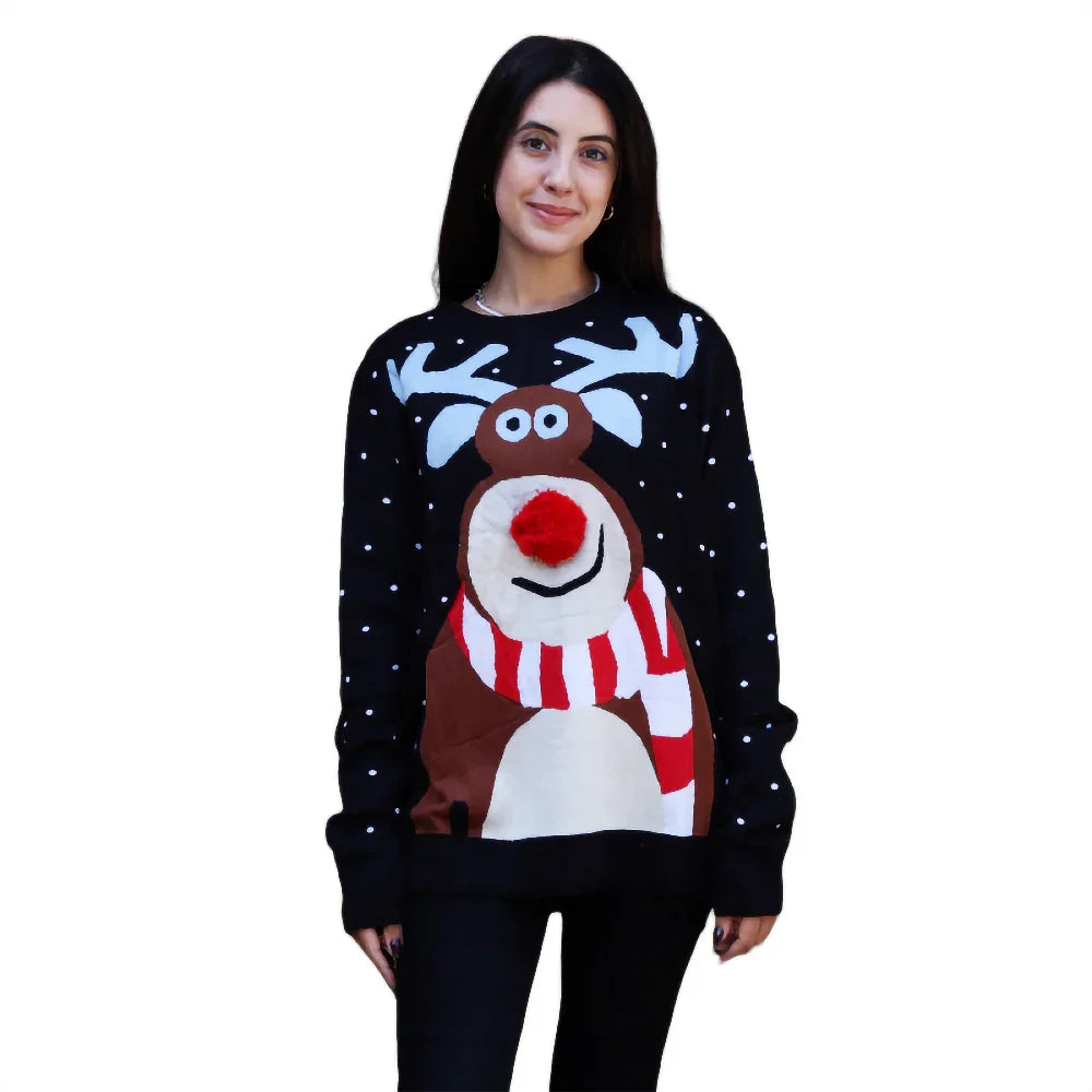 Woman wearing a black Christmas sweater with a large reindeer and red scarf design