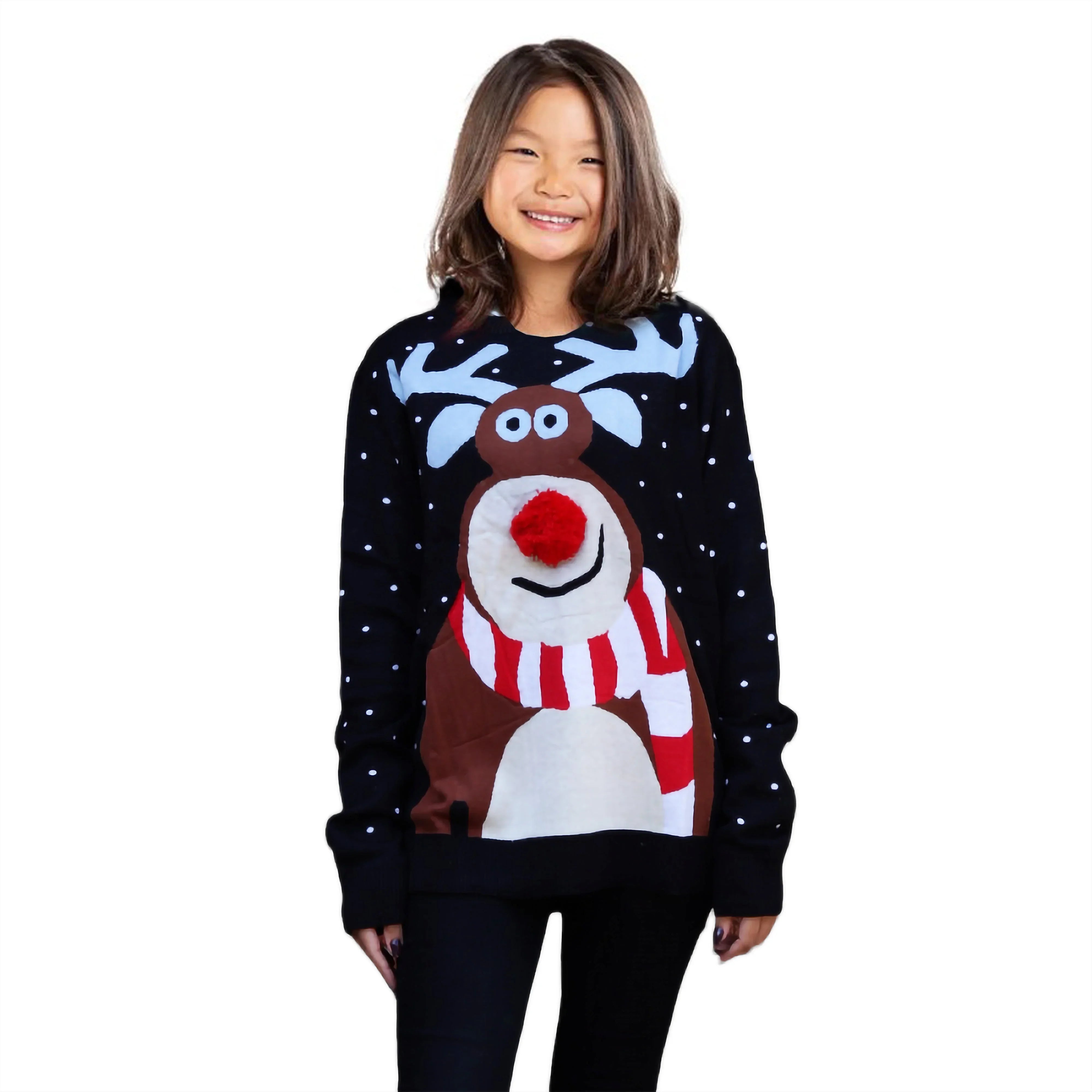 Smiling girl wearing a festive black Christmas sweater with a red-nosed reindeer design