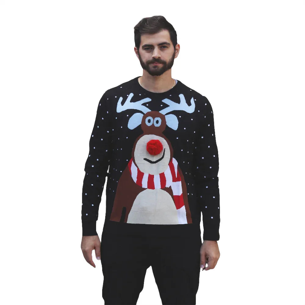 Man wearing a black Christmas sweater with a cartoon reindeer, red nose, and snow dots