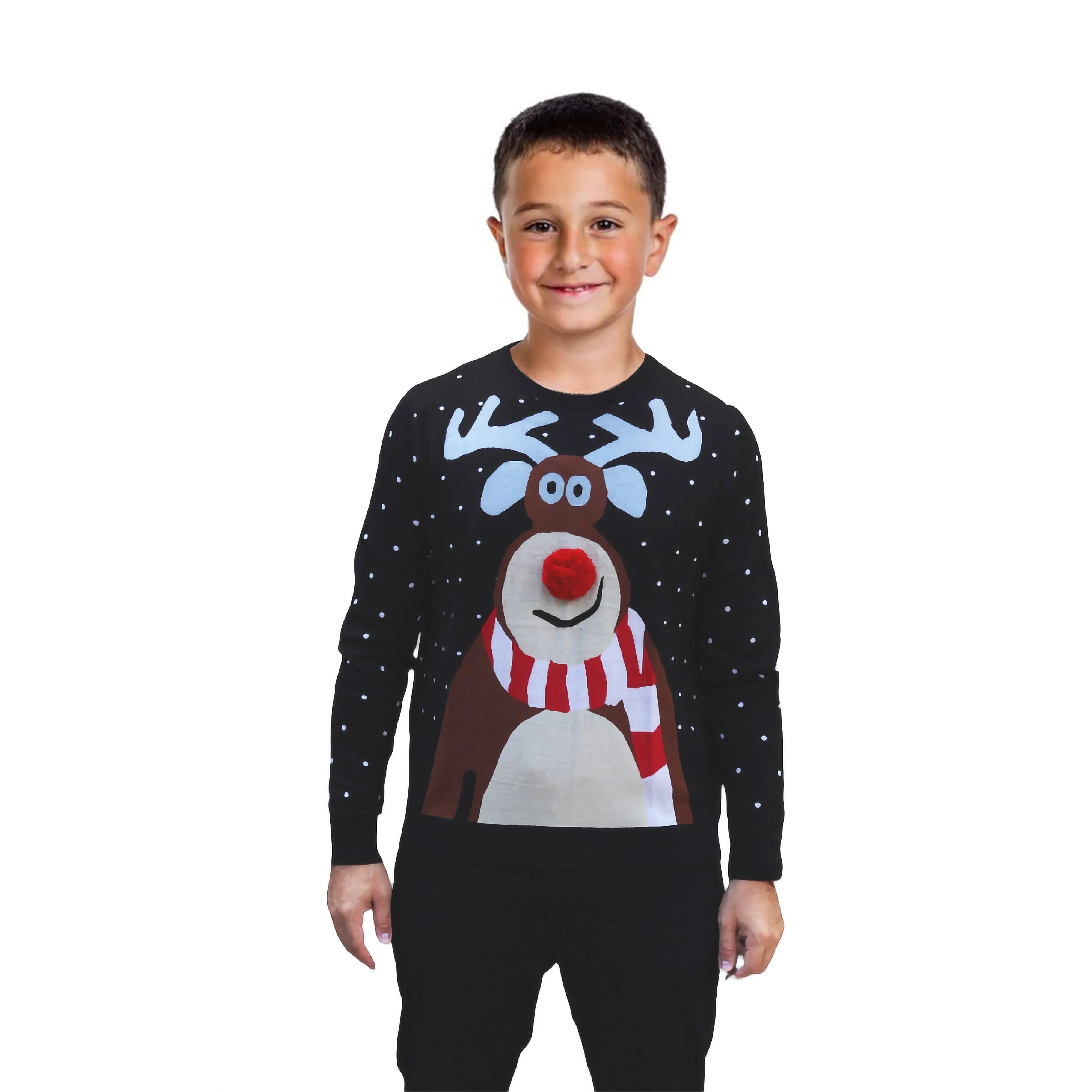 Smiling boy wearing black Christmas sweater with reindeer and red nose design