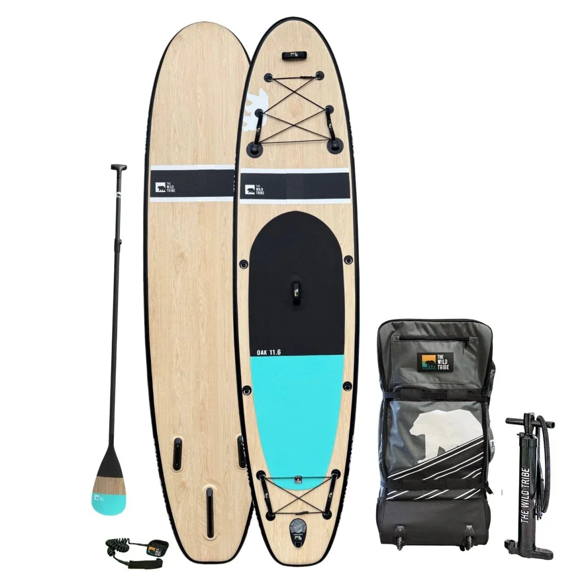 Oak 11.6 inflatable paddleboard set with carbon paddle, pump, leash, and carrying bag