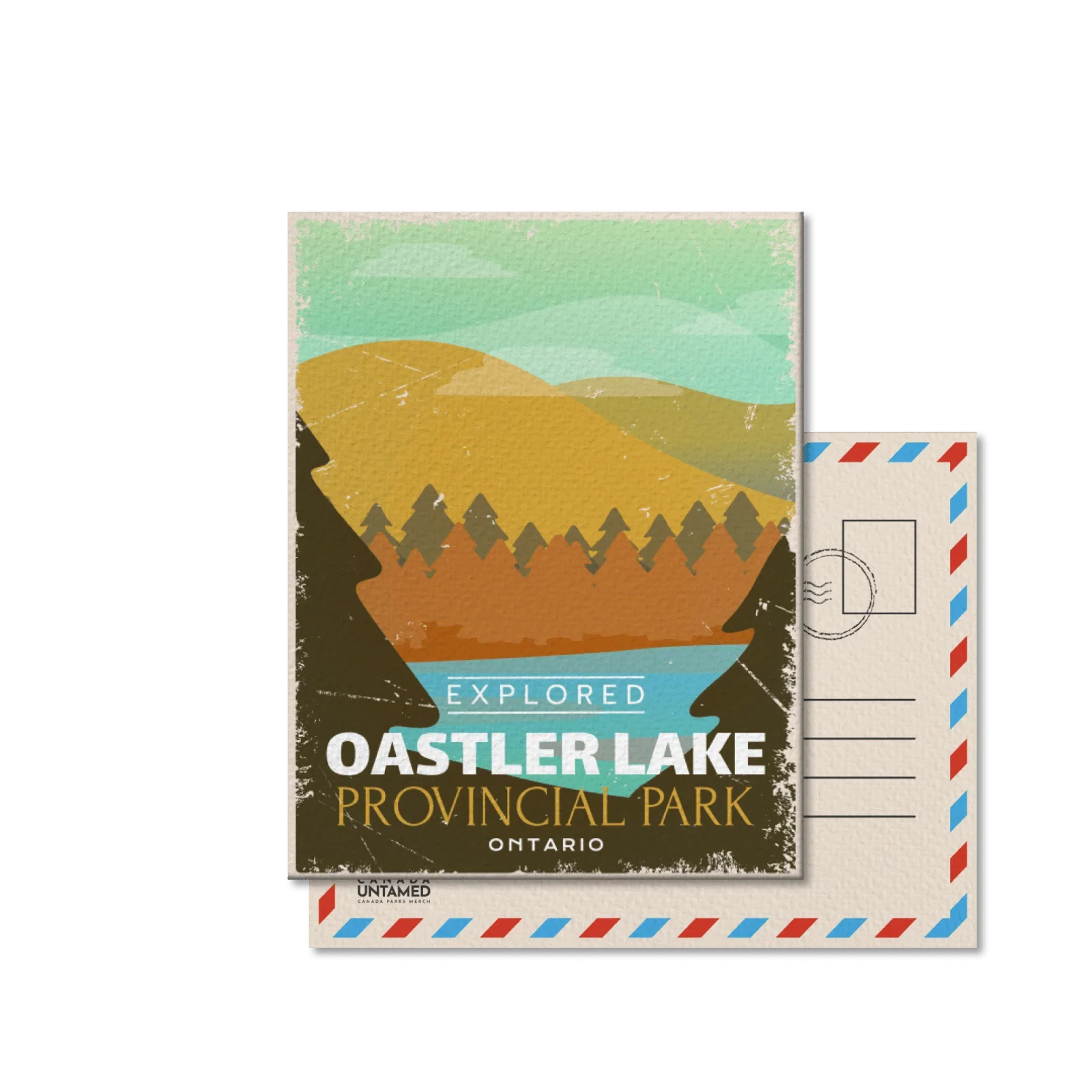 Oastler Lake Provincial Park Ontario postcard with mountains, trees, and blue lake.
