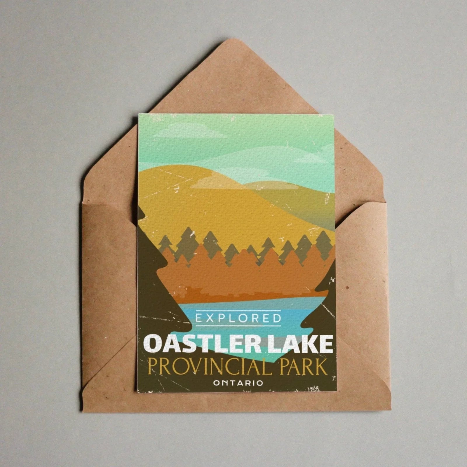 Oastler Lake Ontario Provincial Park postcard with illustrated hills, trees, and lake scene