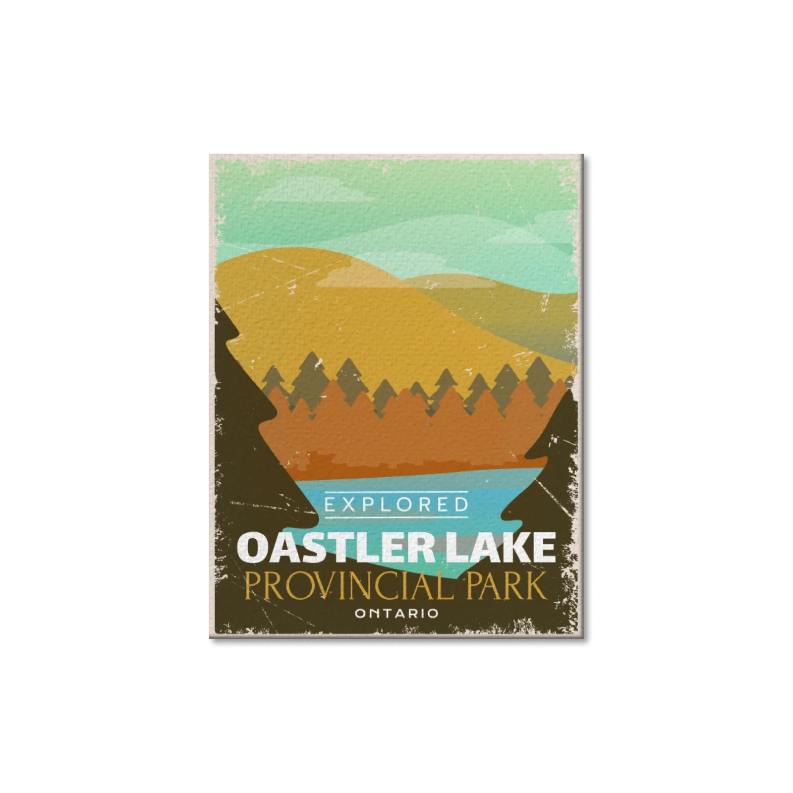 Oastler Lake Provincial Park Ontario postcard with stylized lake, trees, hills, and sky.