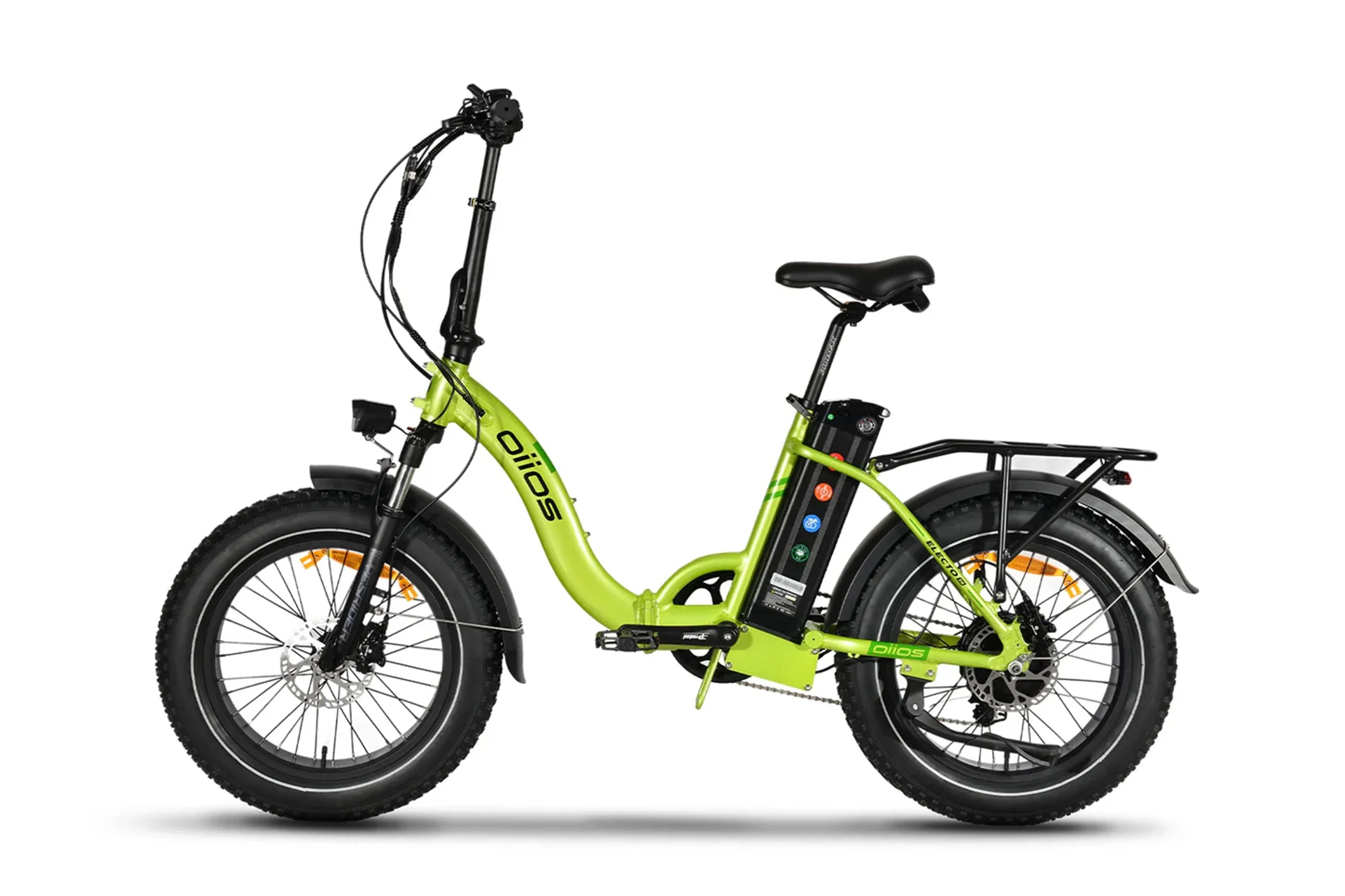 Oiios Electo 14 neon lime electric foldable bike with fat tires on white background