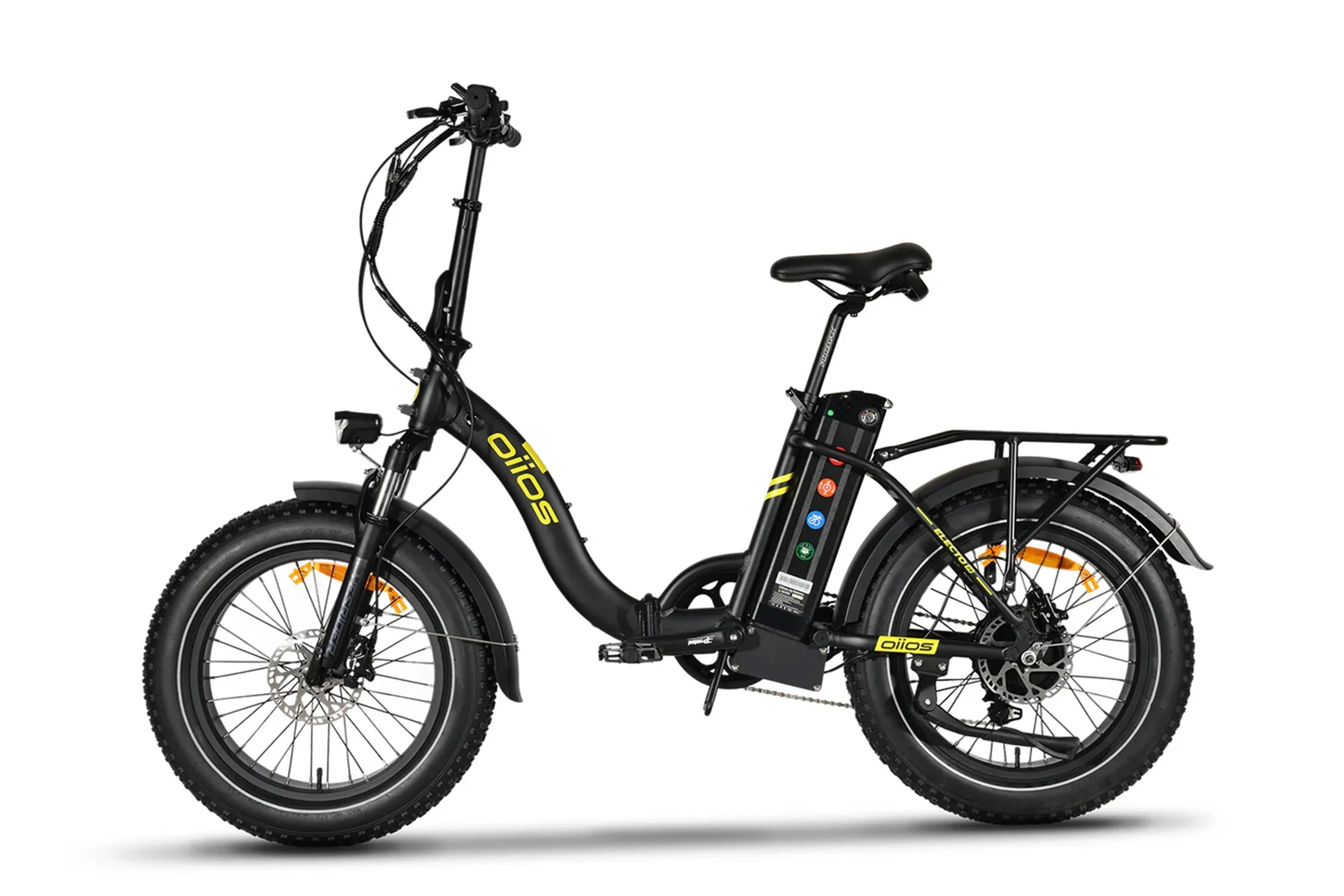 Oiios Electo 11 midnight black electric bike with fat tires and rear cargo rack, side view