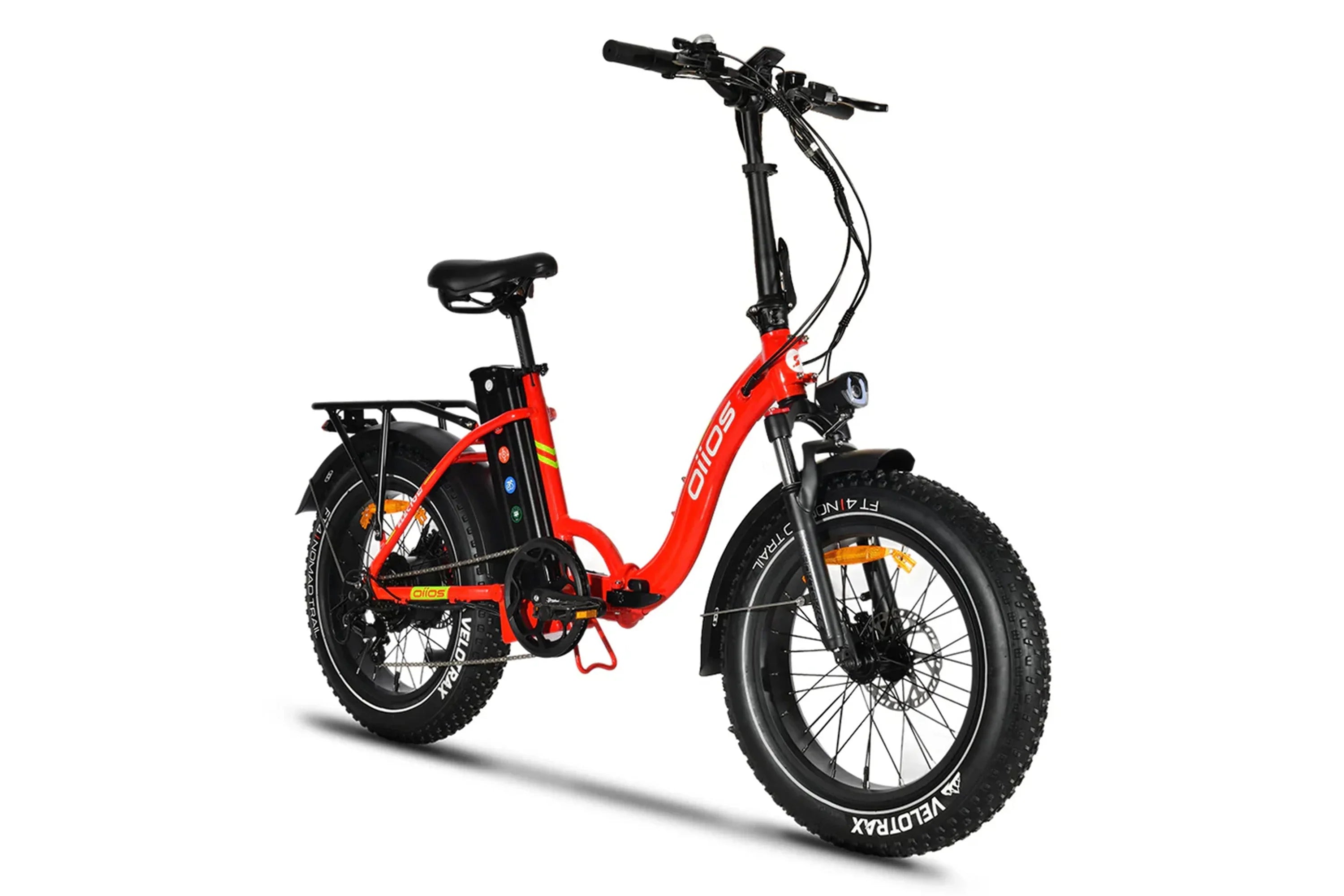 Vivid orange Oiios Electo 10 fat tire electric bike with black accessories on white background