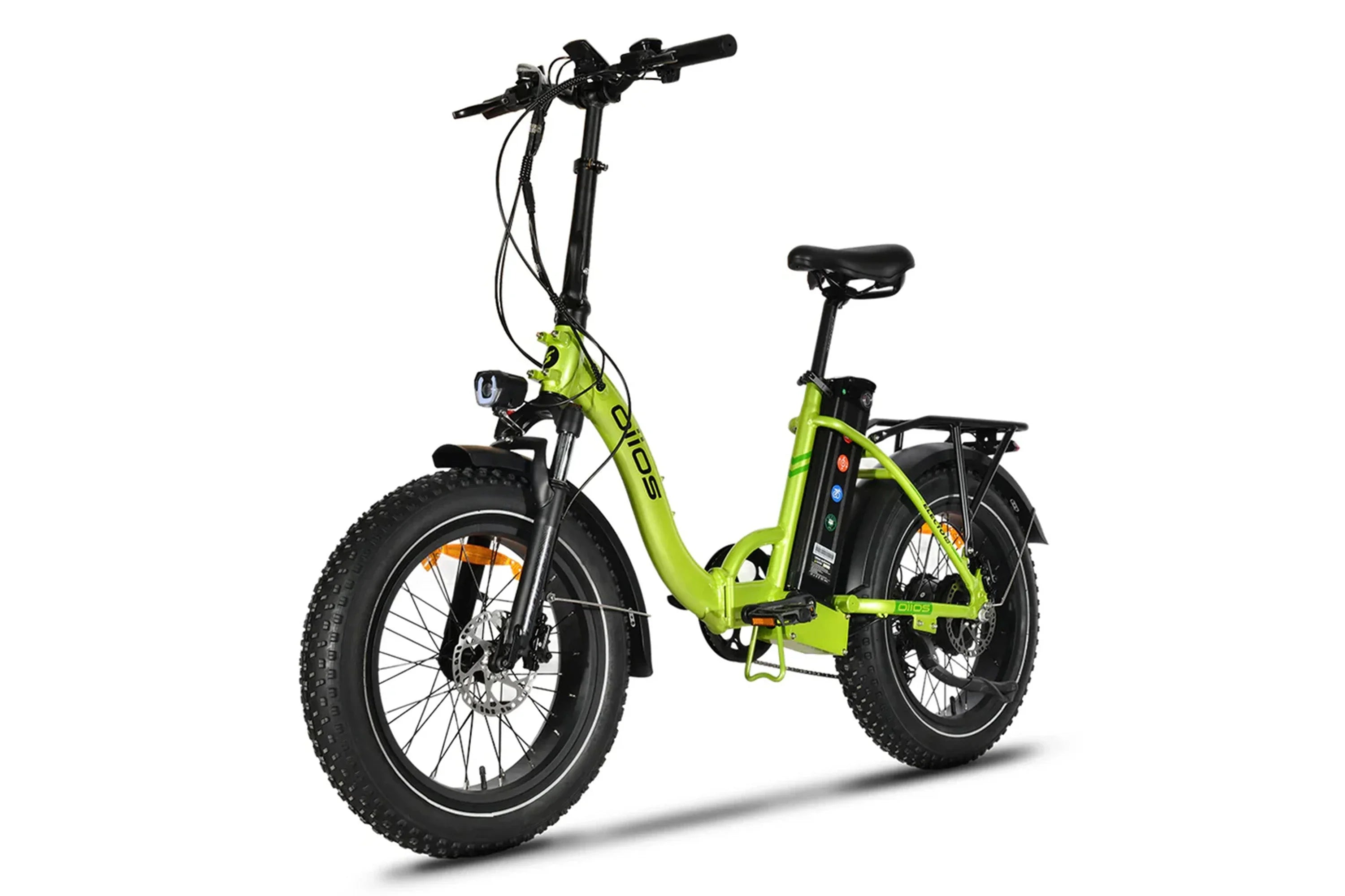 Neon lime fat tire electric bike with black saddle and battery, shown on white background