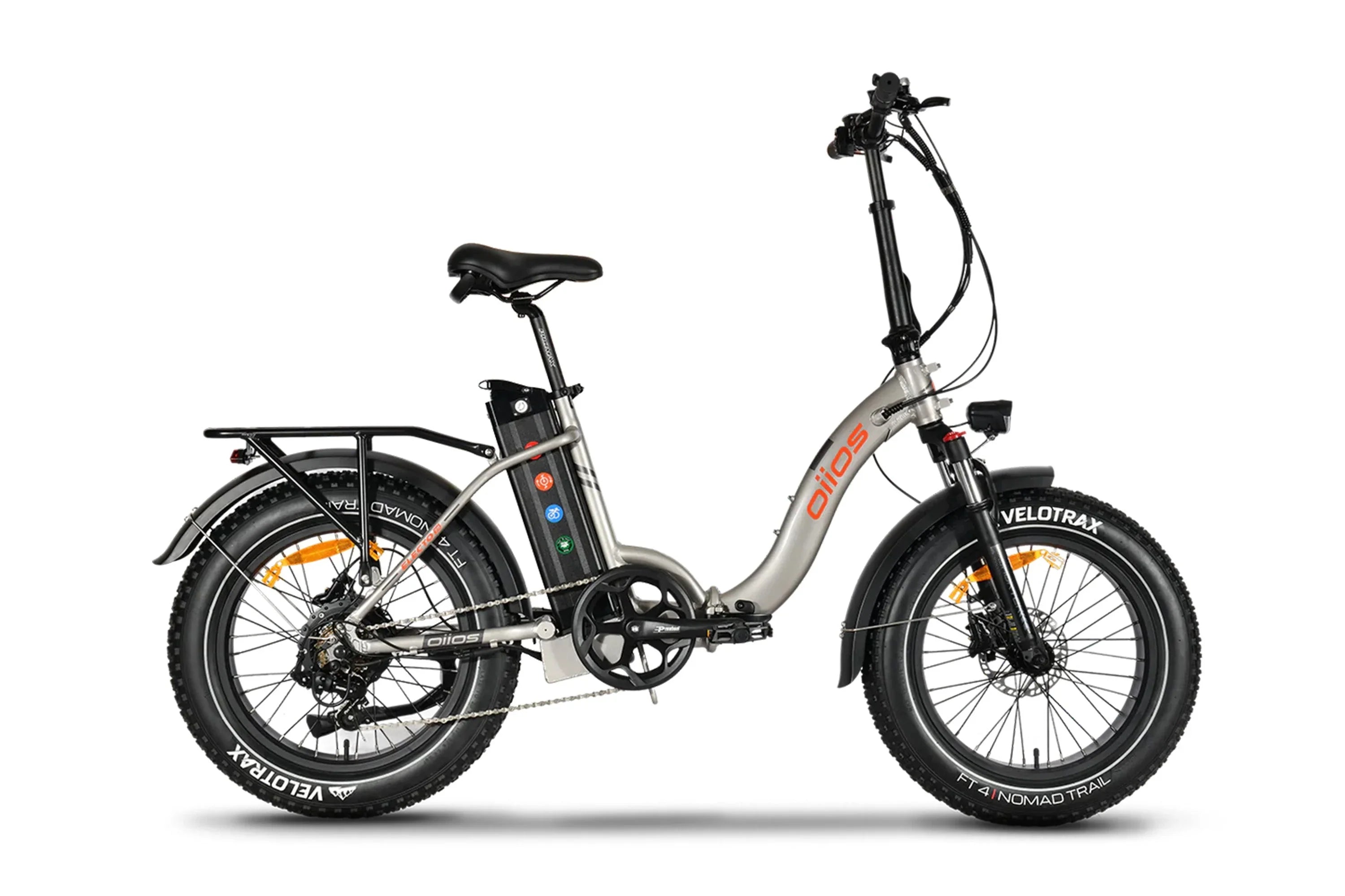 Beige Oiios Electo 17 electric bicycle for adults with fat tires and rear rack