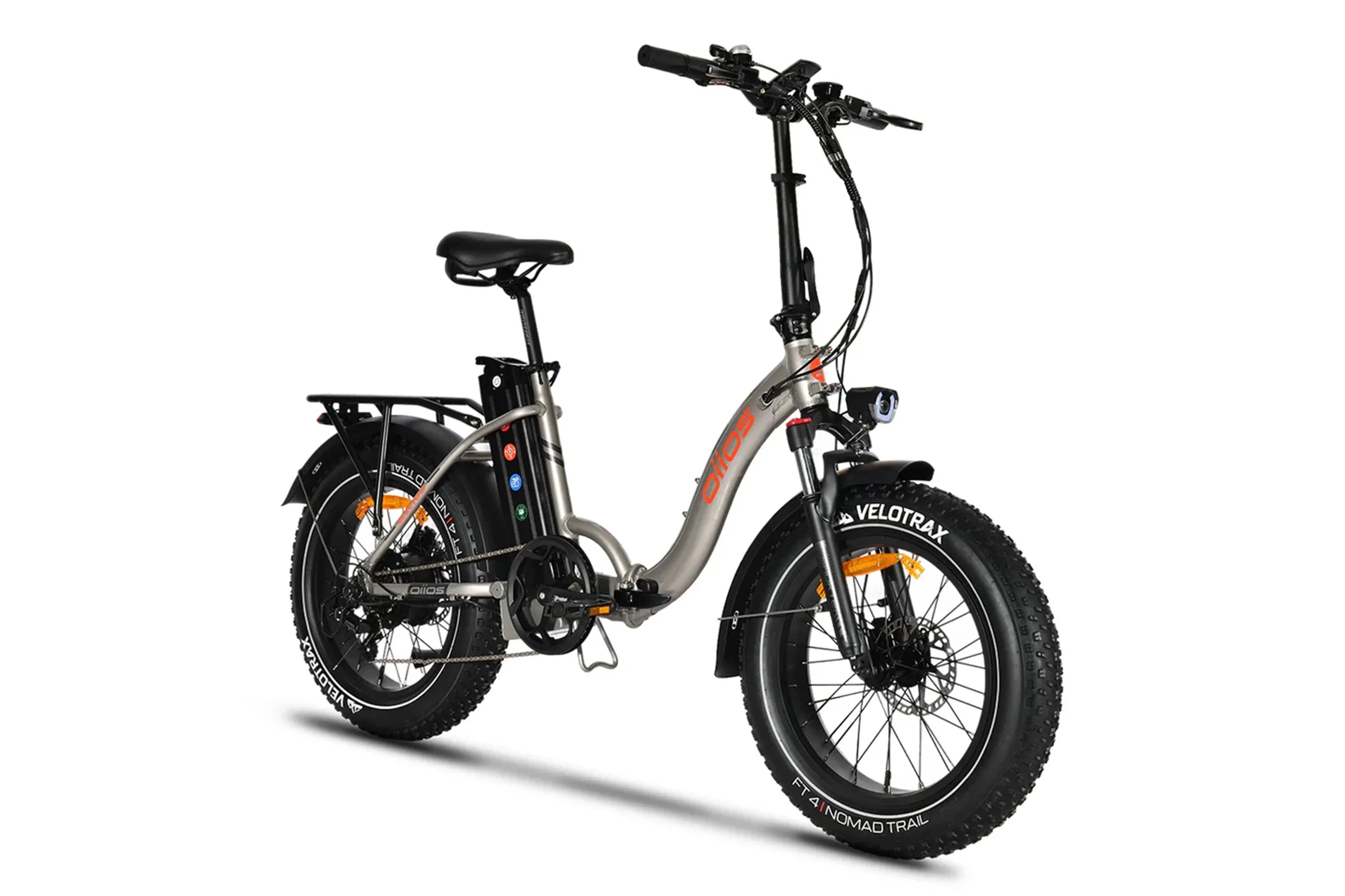 Beige Oiios Electo 7 electric bike with fat tires and rear rack on white background