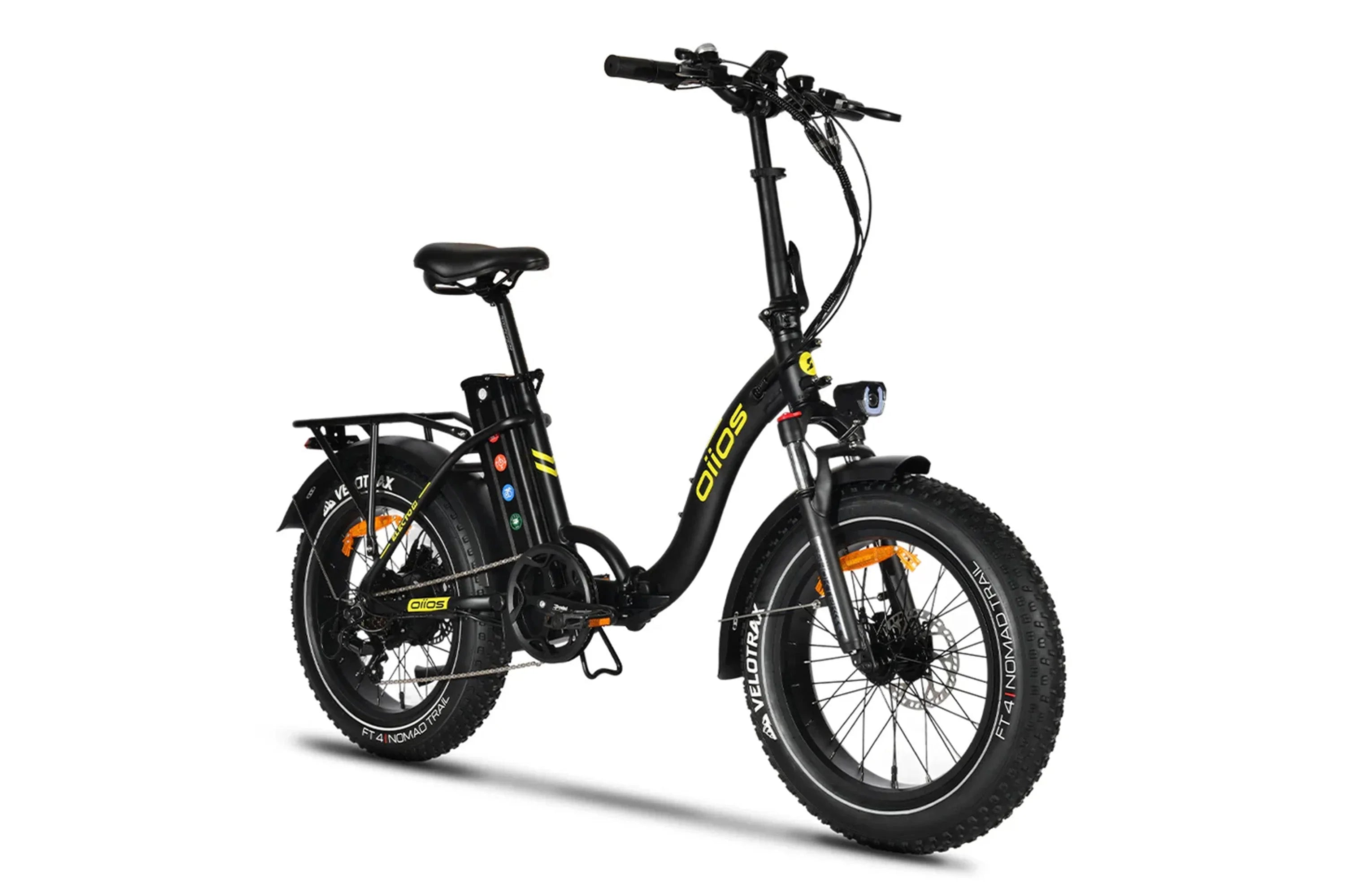 Oiios Electo 6 midnight black electric bike with fat tires and rear rack on white background