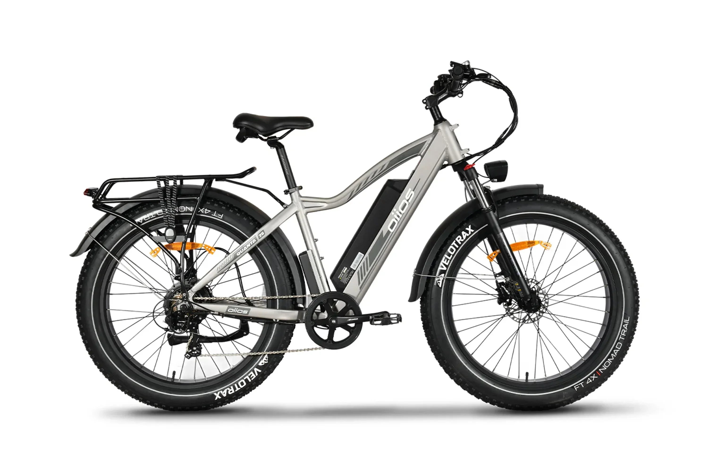 Beige Oiios Quanta all-terrain fat tire e-bike with rear rack on white background