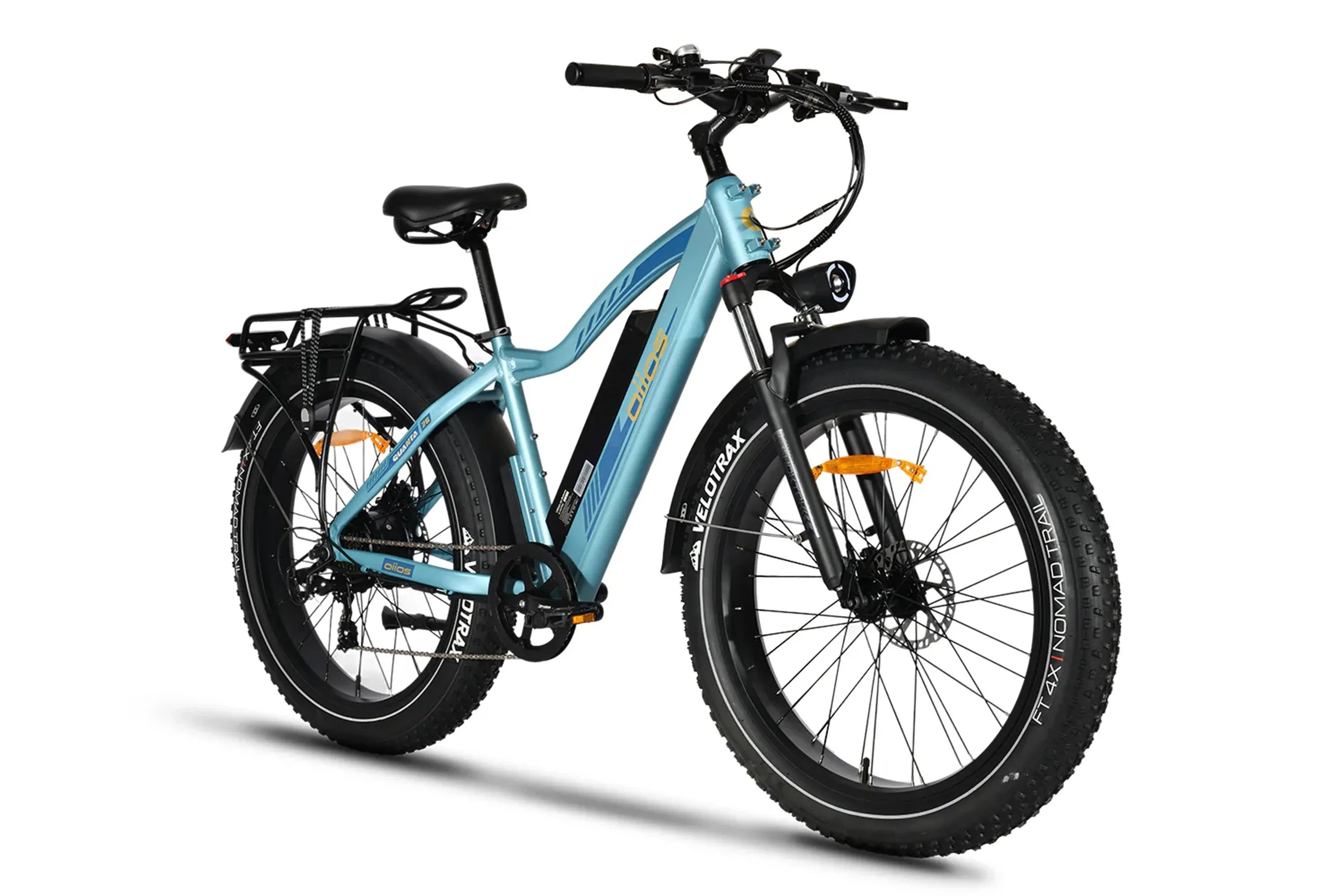 Aqua blue all-terrain fat tire e-bike with rear rack and disc brakes on white background