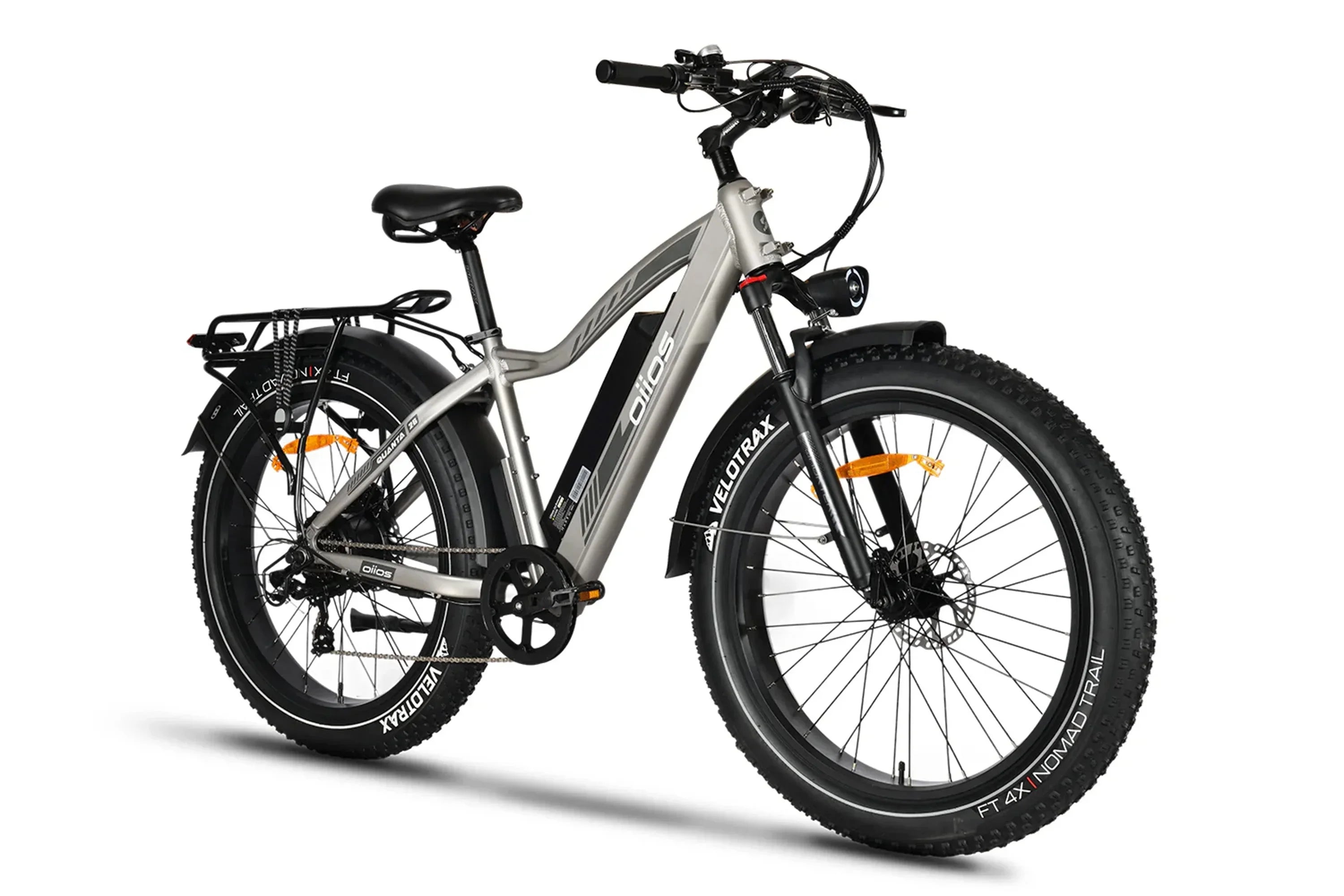 Beige Oiios Quanta all-terrain fat tire e-bike with rear rack and VELOTRAX tires