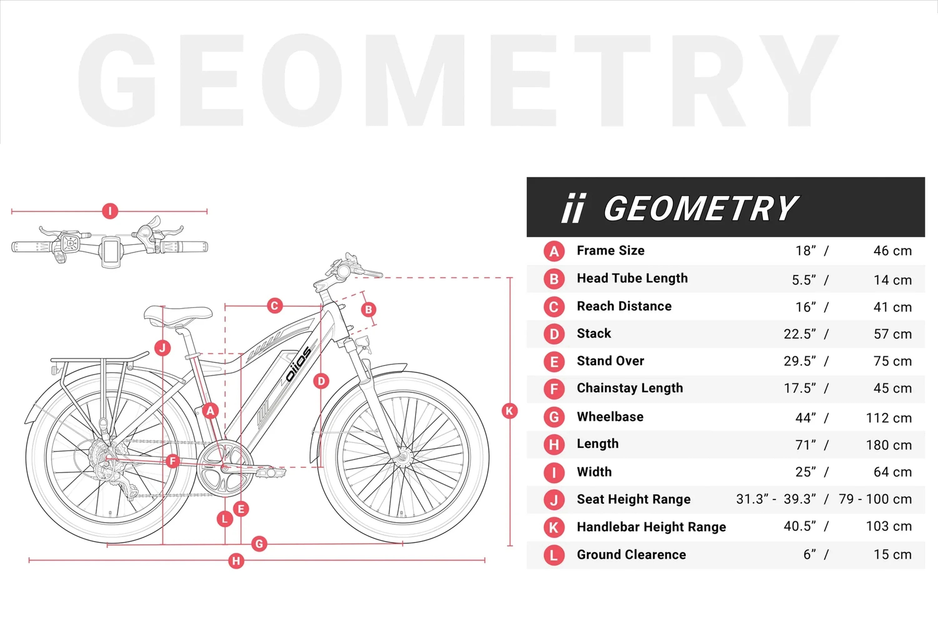 Oiios Quanta all-terrain fat tire e-bike geometry and size specifications chart