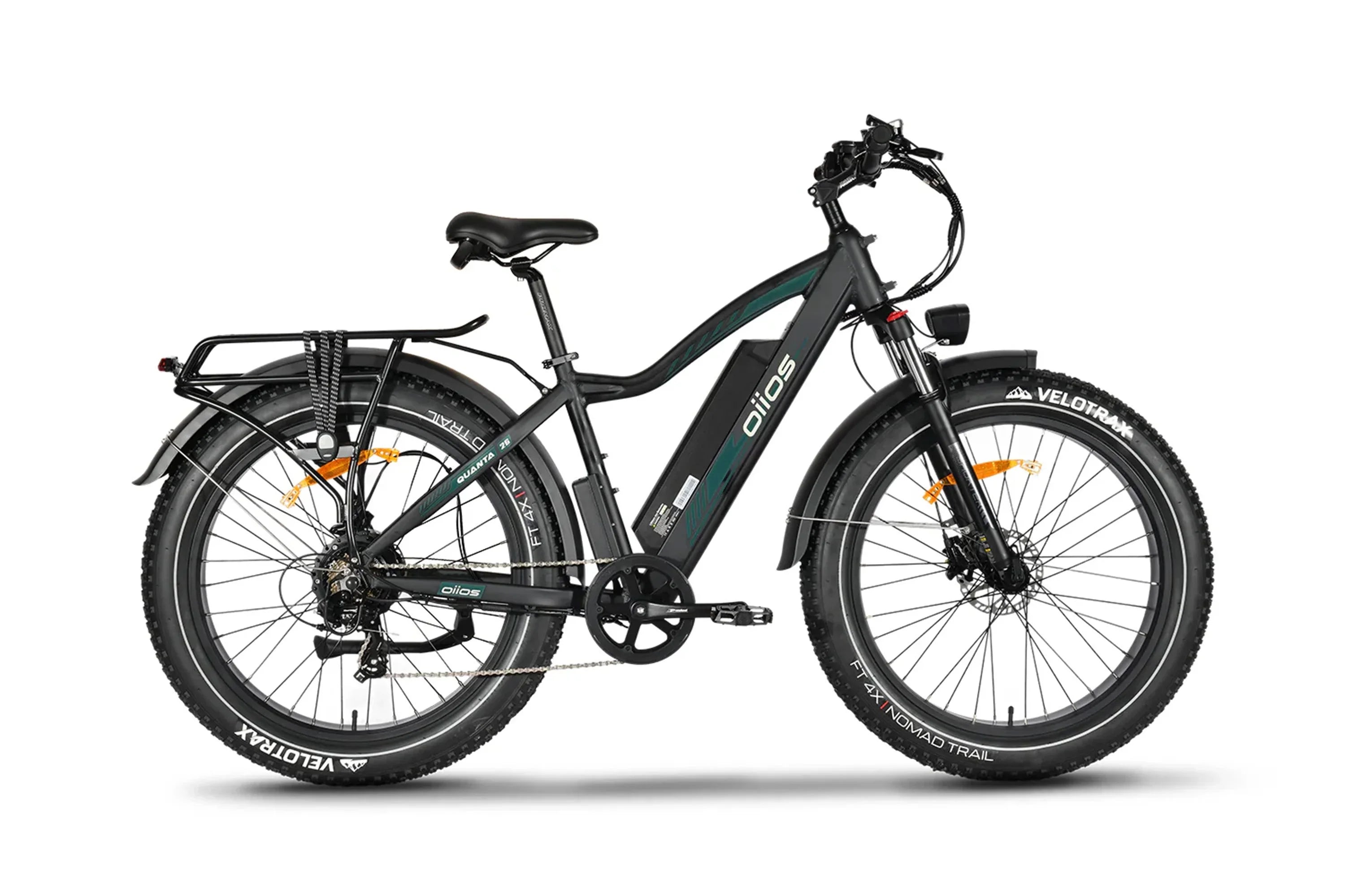 Black fat tire all-terrain Oiios Quanta electric bike with rear rack and fenders