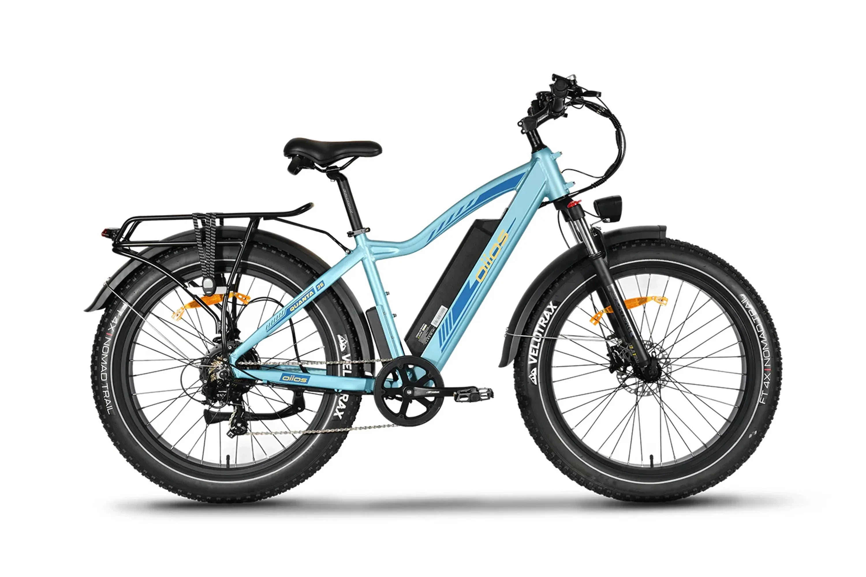 Aqua blue OiiOas Quanta all-terrain fat tire e-bike with front light and rear rack