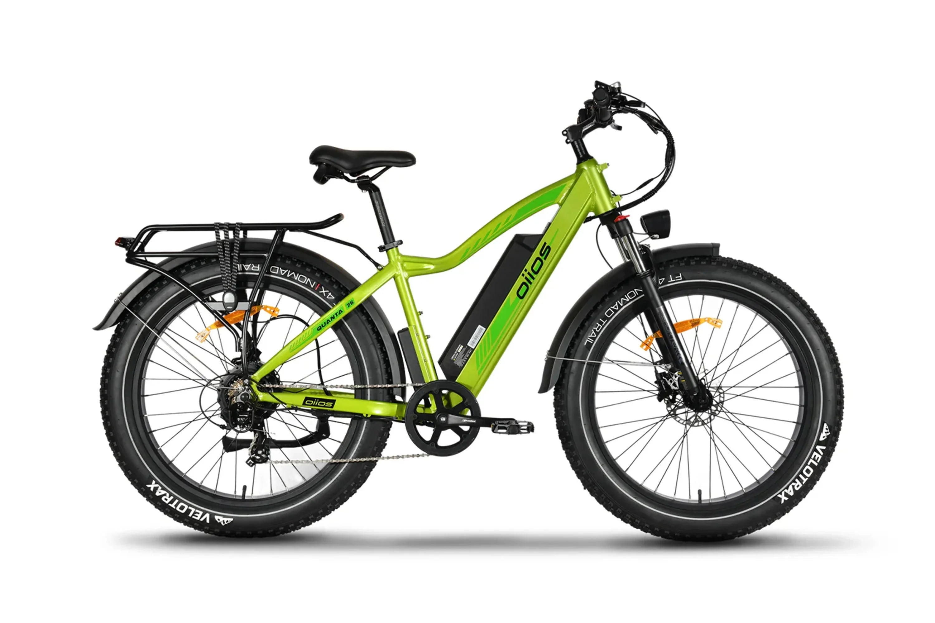 Neon lime Oiios Quanta all-terrain fat tire e-bike with rear rack and wide tires