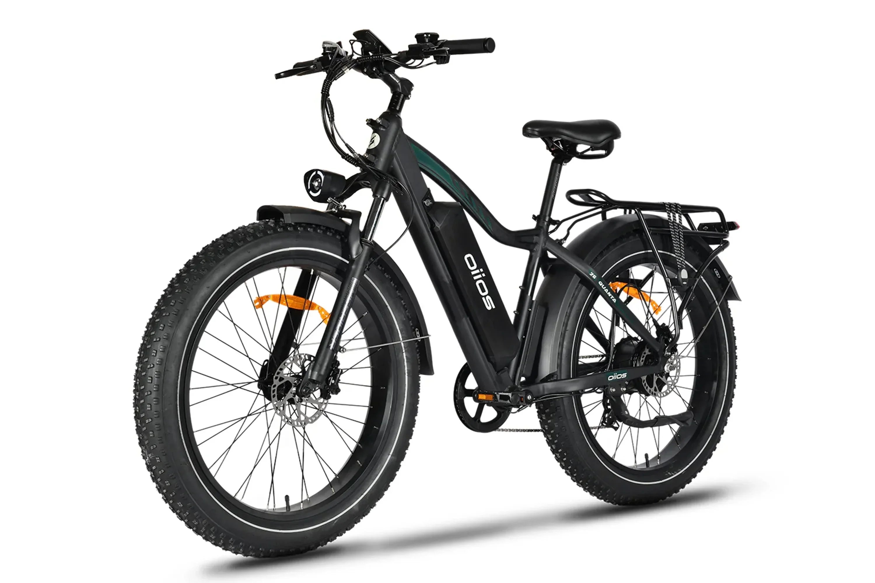 Black Oiios Quanta all-terrain fat tire electric bike with rack and headlight on white background