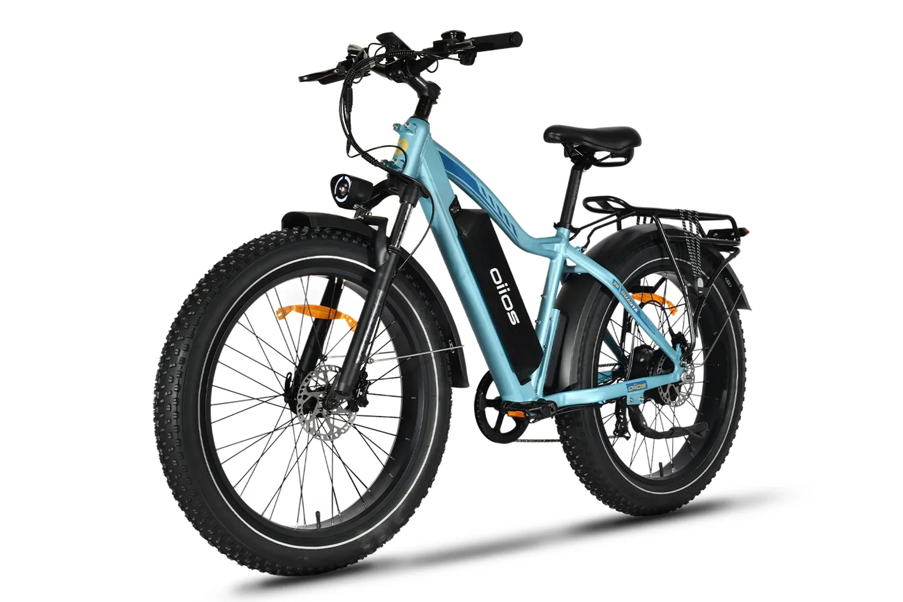 Aqua blue Oiios Quanta all-terrain fat tire electric bike with rear rack and front light