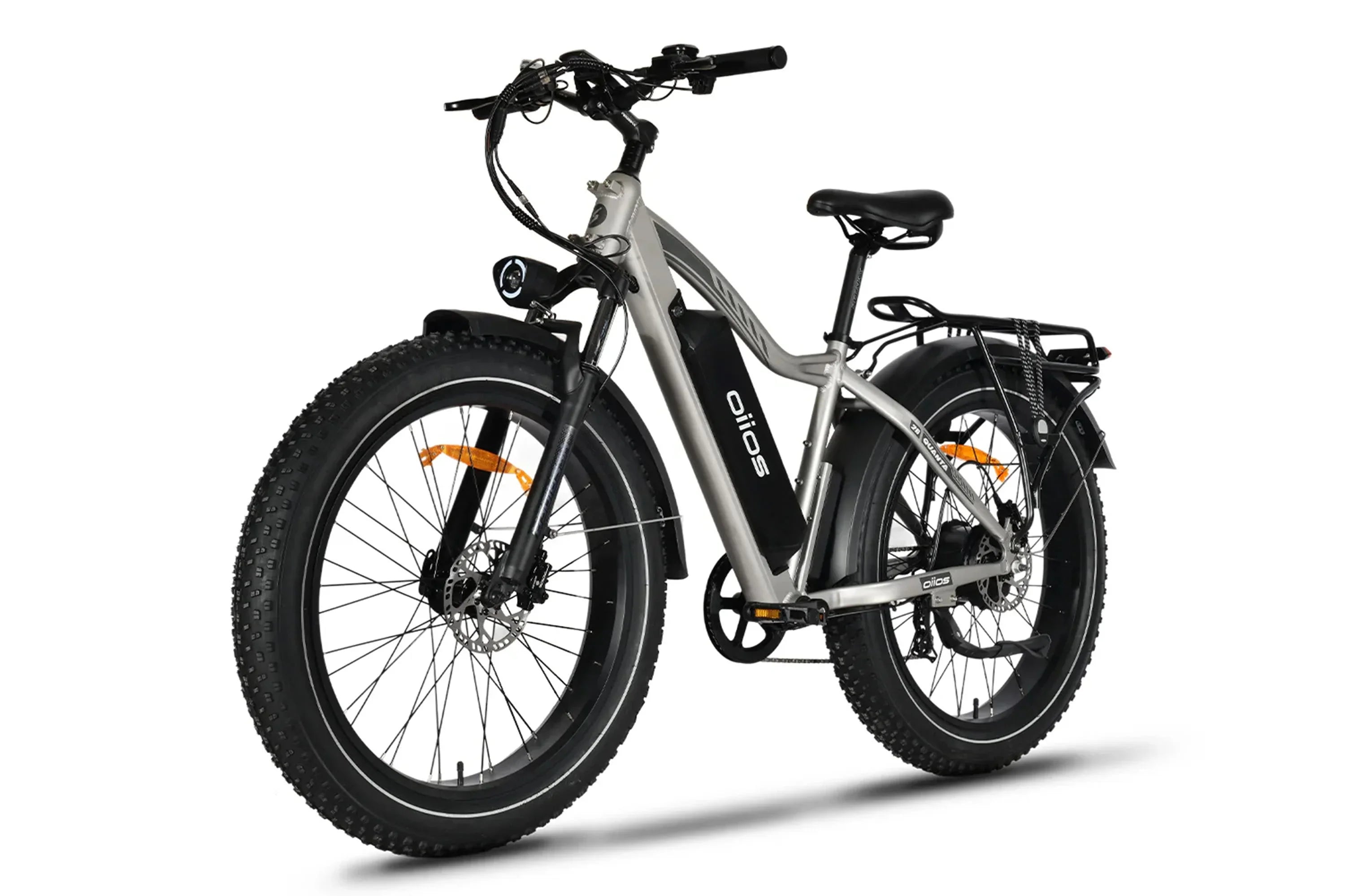 Beige Oiios Quanta all-terrain fat tire electric bike with rear rack on white background