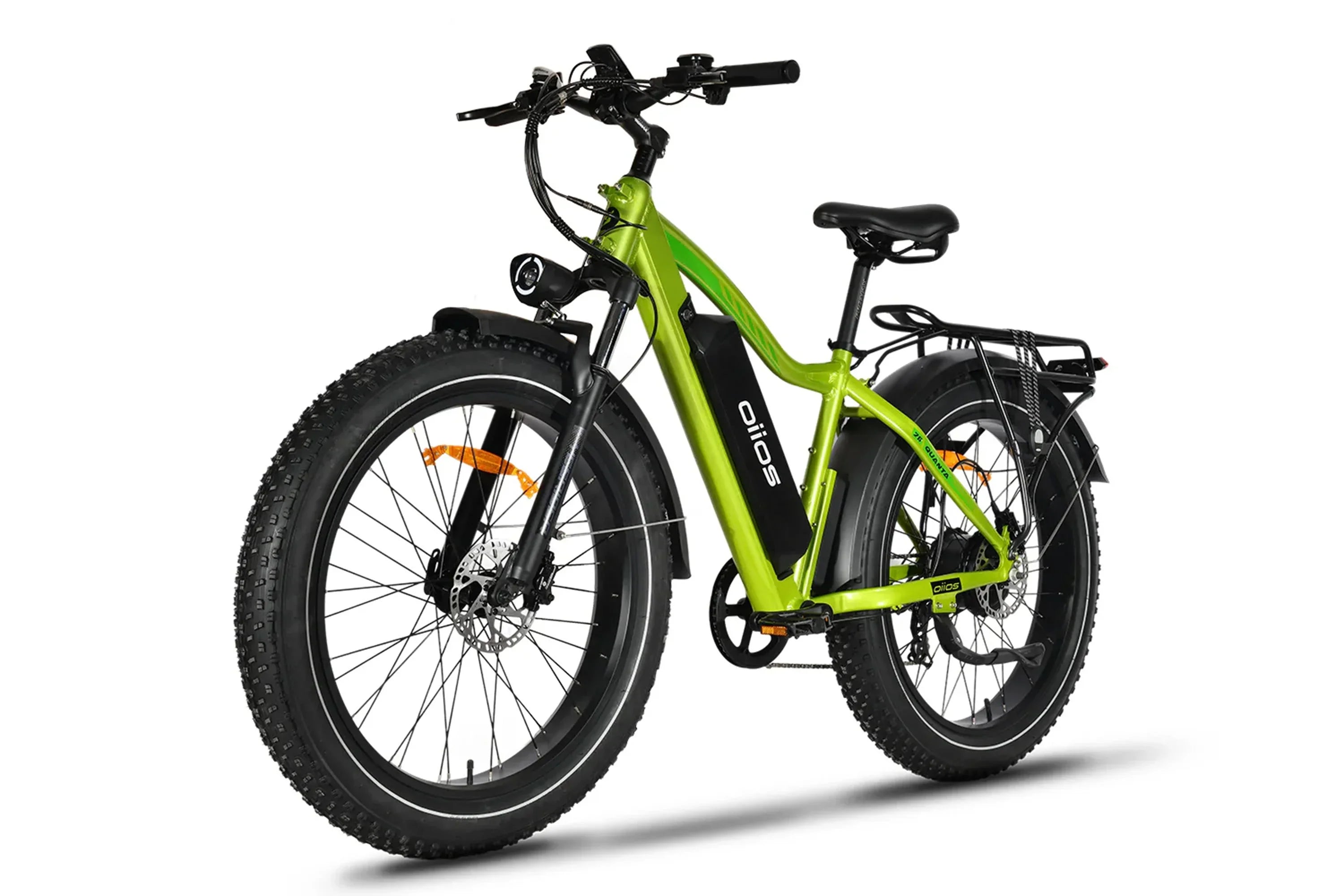 Oiios Quanta neon lime all-terrain fat tire electric bike with front light and rear rack