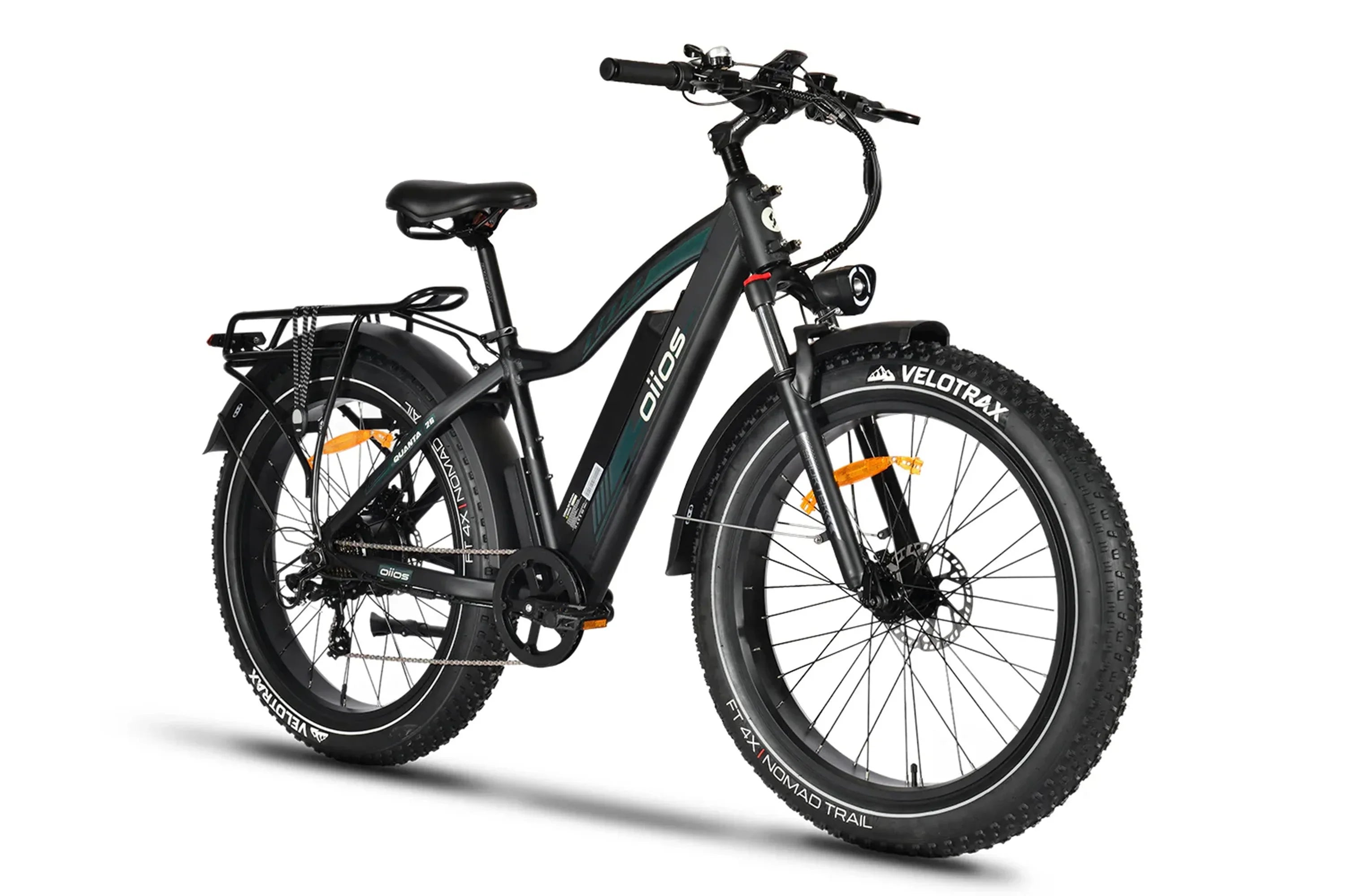 Black Oiios Quanta all-terrain fat tire e-bike with rear rack on white background
