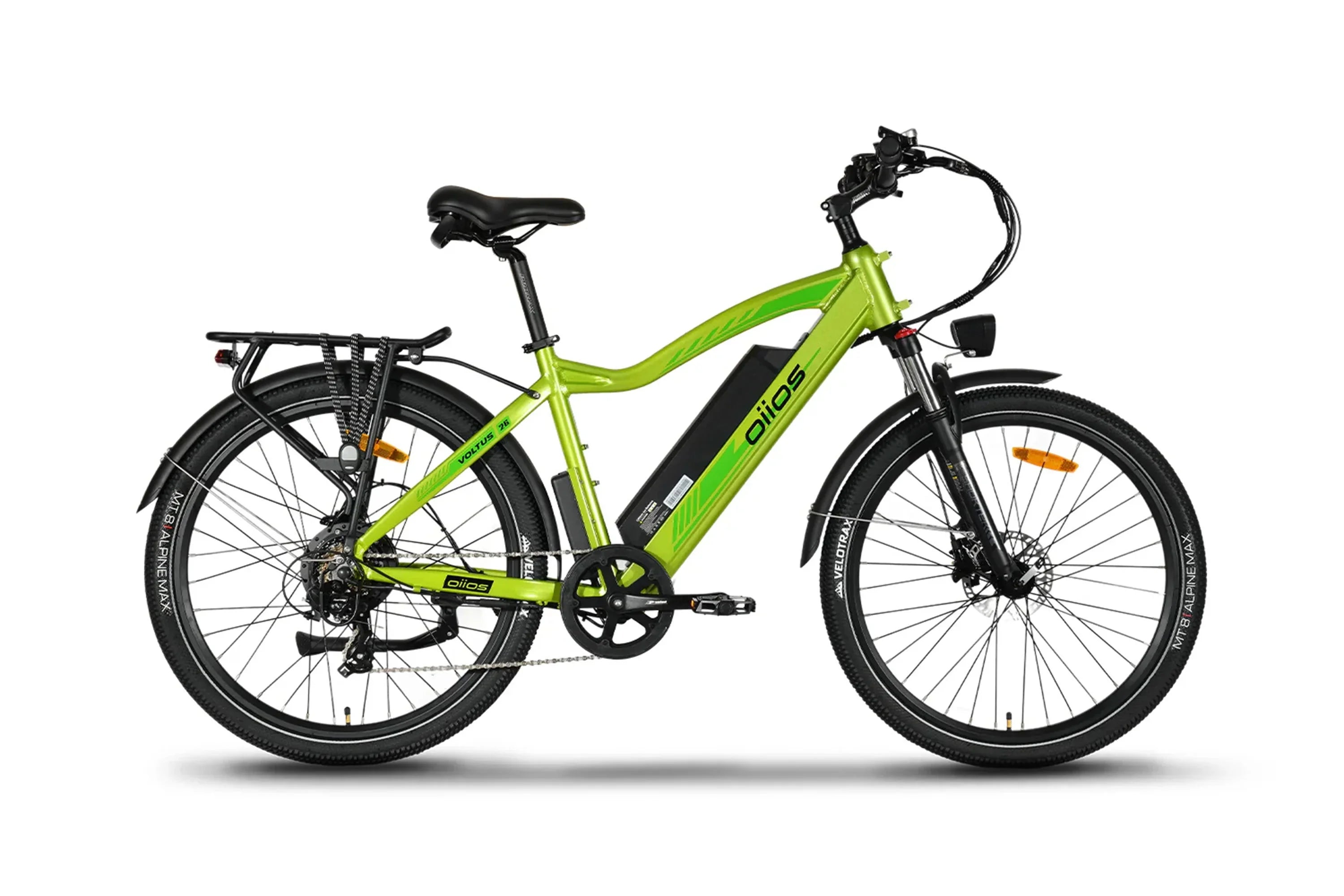 Neon lime Emmo Oiios Voltus all-terrain fat tire e-bike with rear rack and fenders
