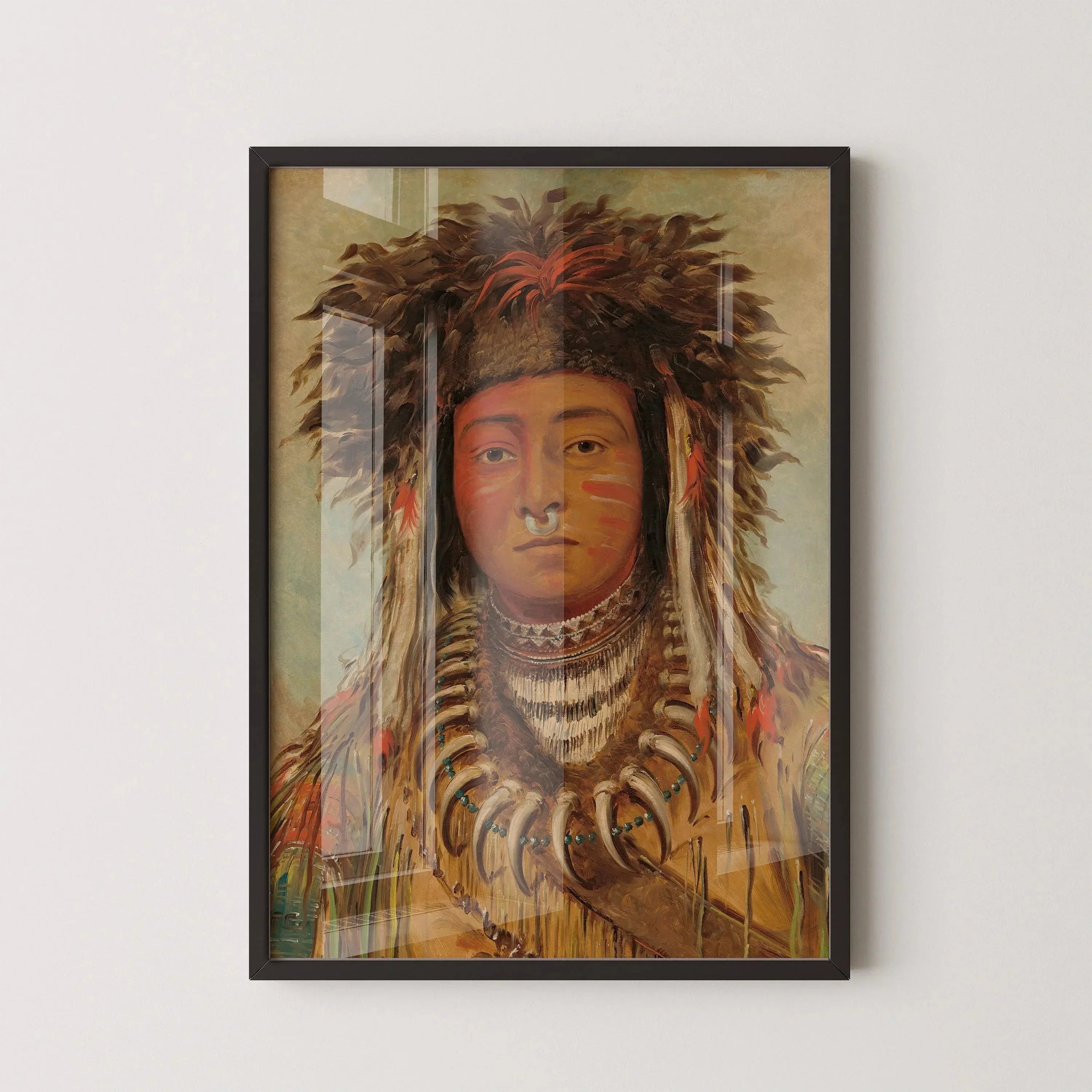 Framed painting of Ojibway boy in feathered headdress, Native American art on wall