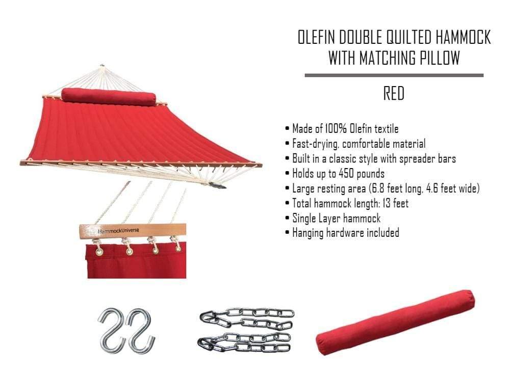 Red olefin double hammock with matching pillow, spreader bars, and hanging hardware set.