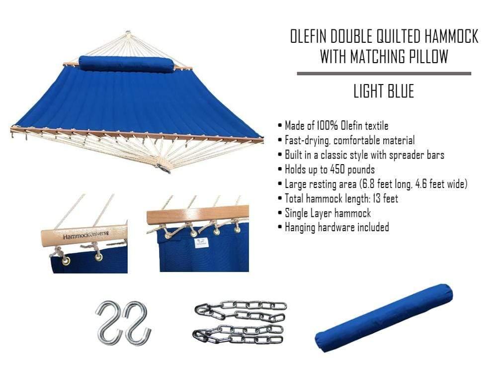 Light blue Olefin double hammock with matching pillow, spreader bars, and hanging hardware.