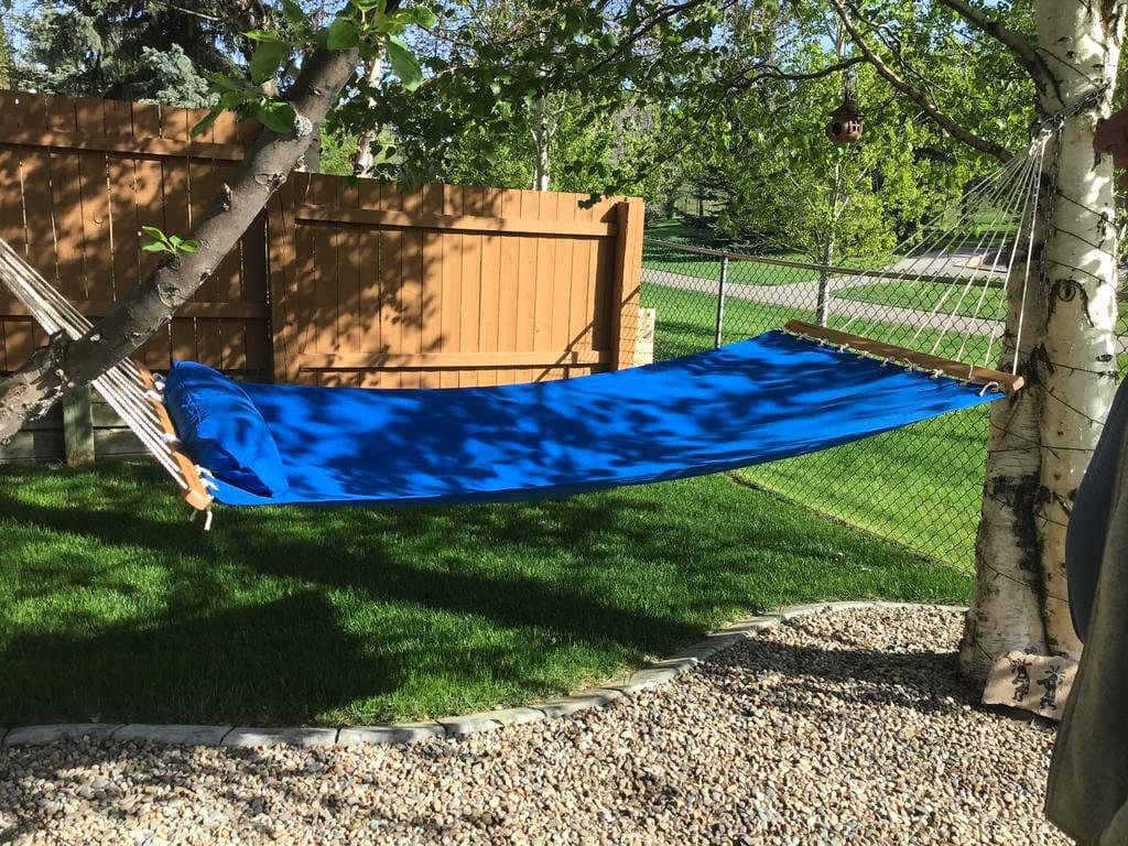 Blue olefin fabric hammock hanging between trees in a sunny backyard with green grass