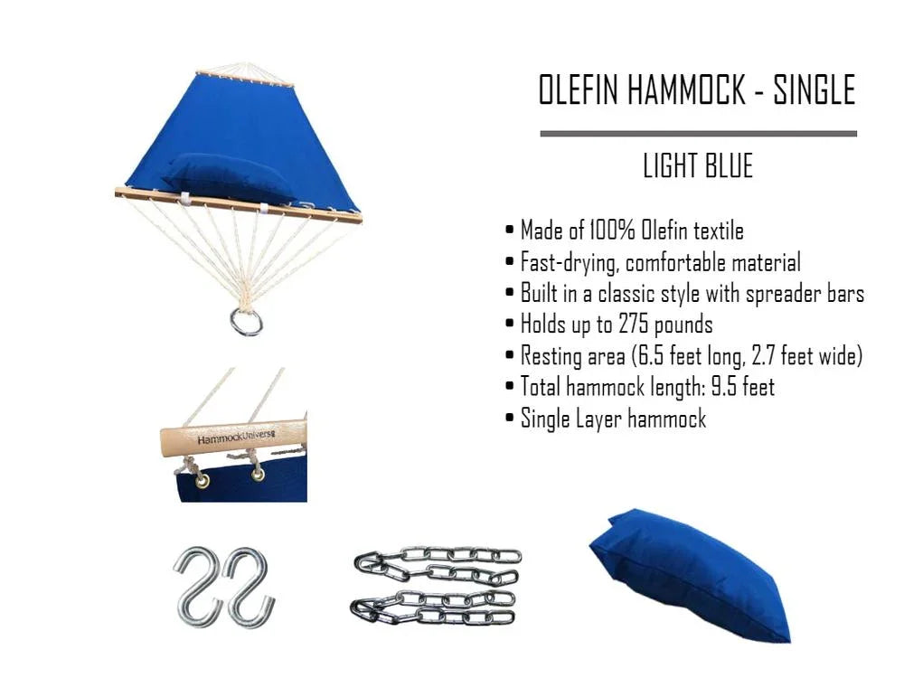 Light blue single olefin hammock with spreader bars, pillow, S-hooks, and chains shown